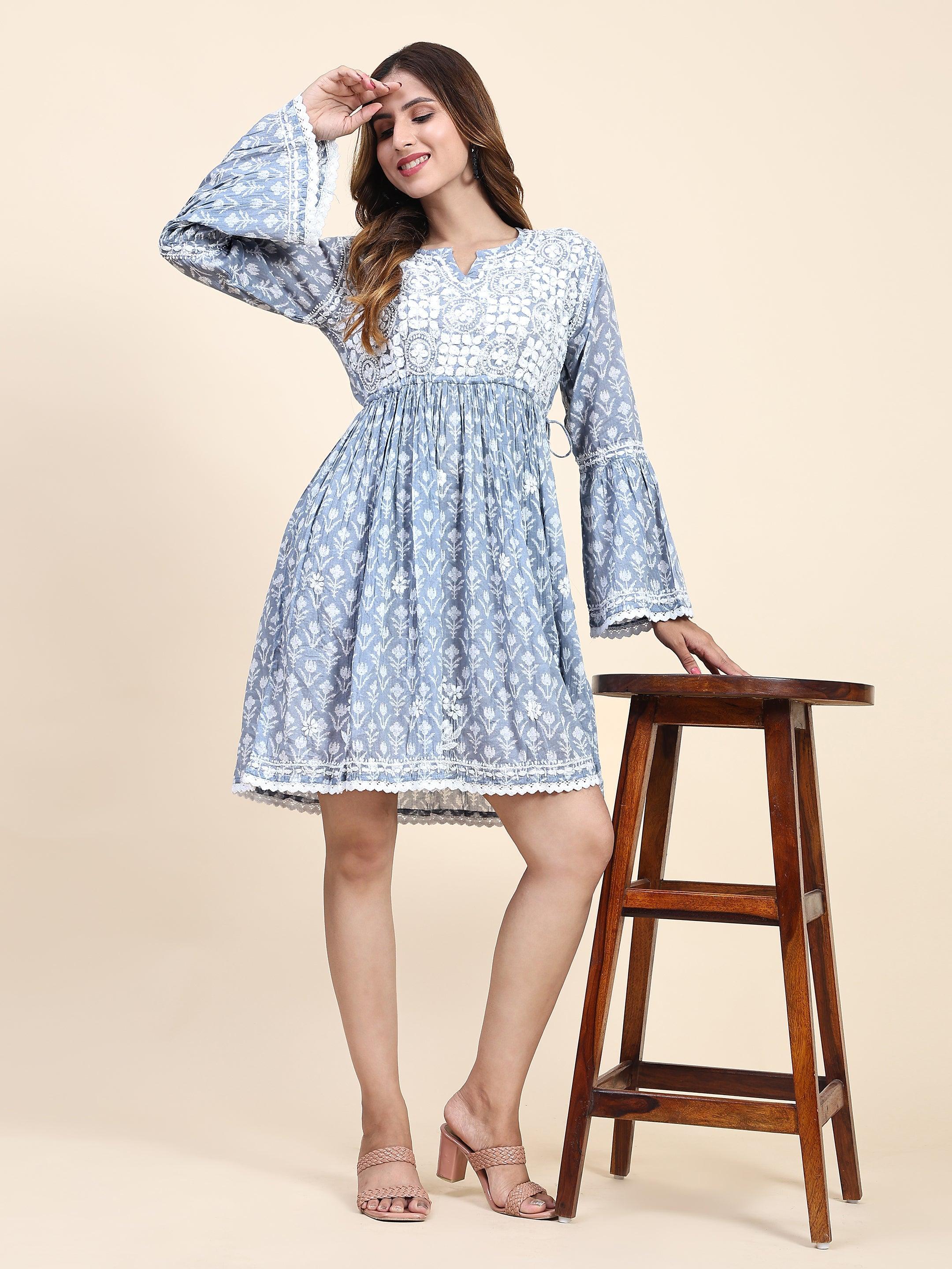 Samma C Chikankari Dress in Mul cotton -Blue - House Of Kari (Chikankari Clothing)
