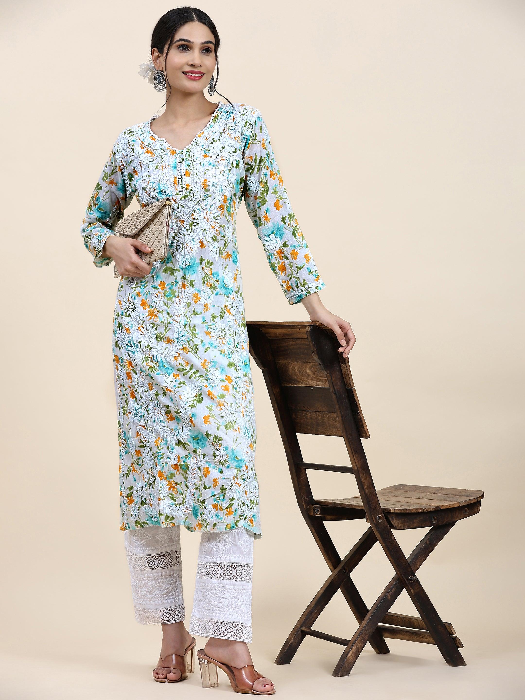 Samma Chikankari Long Kurta in Mul Cotton for Women - Light green with Yellow Flower - House Of Kari (Chikankari Clothing)