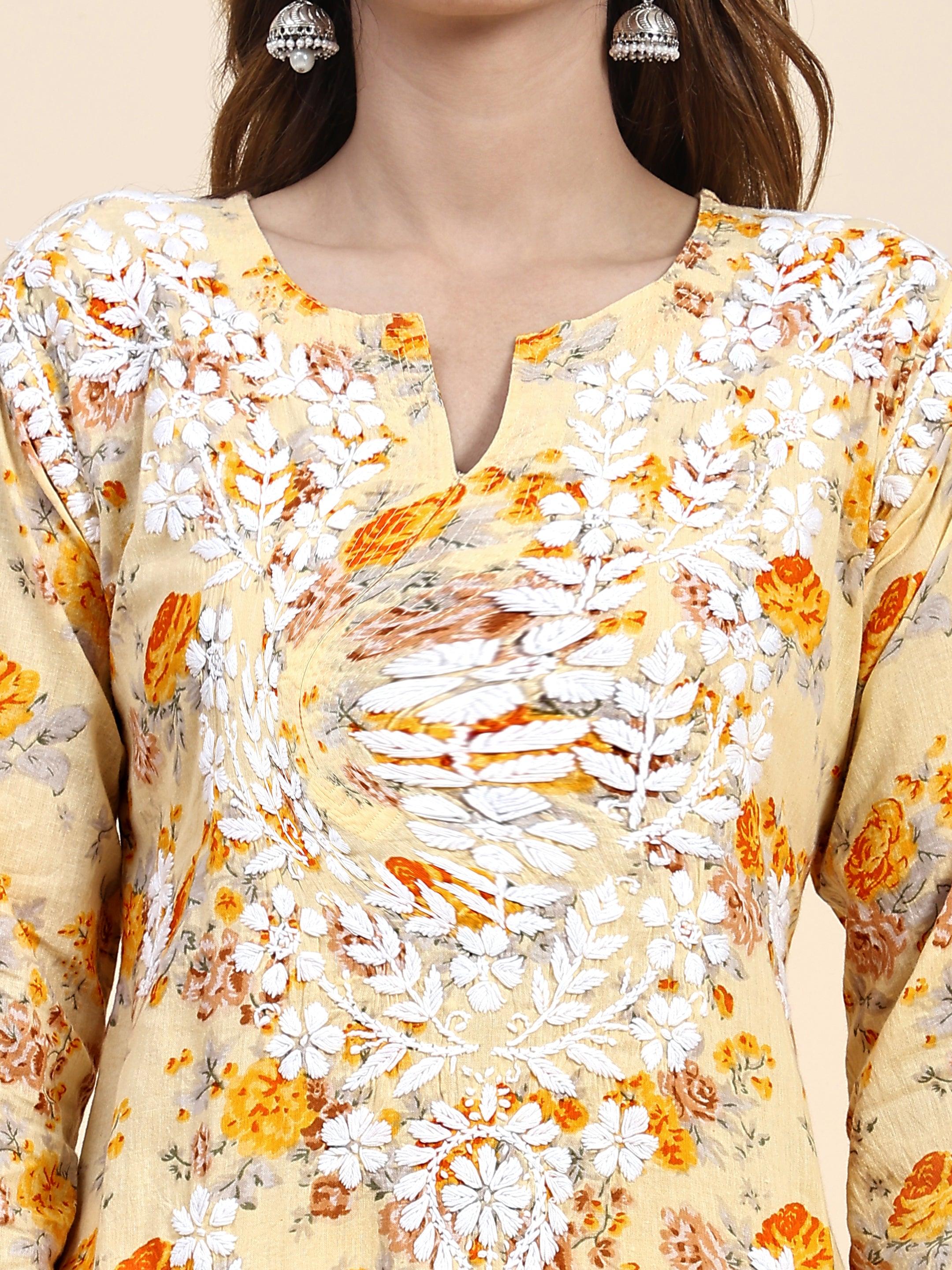 Samma Mul Printed Hand Embroidery Chikankari Kurta- Yellow - House Of Kari (Chikankari Clothing)