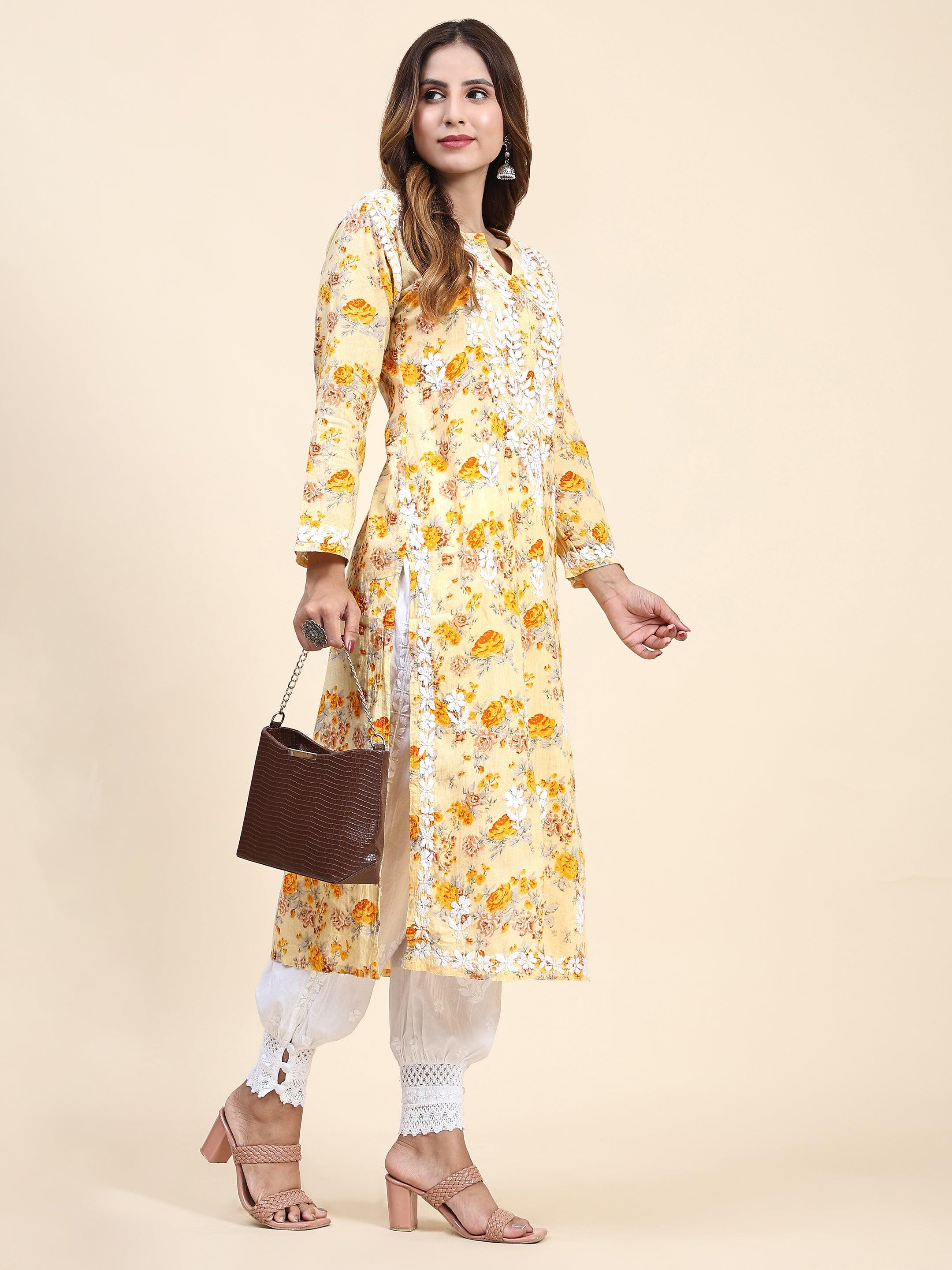 Samma Mul Printed Hand Embroidery Chikankari Kurta- Yellow - House Of Kari (Chikankari Clothing)
