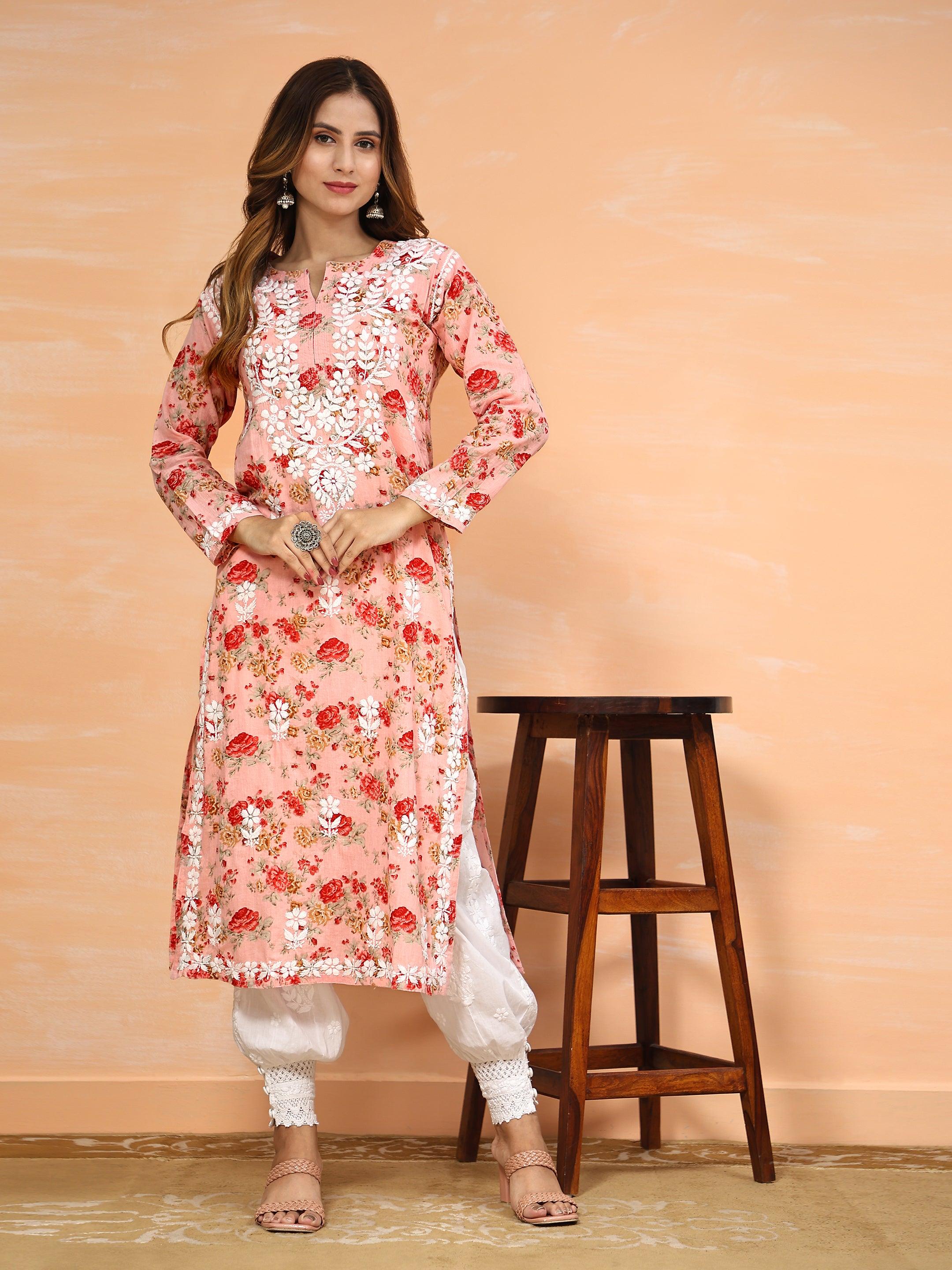 Samma Mul Printed Hand Embroidery Chikankari Kurta- Pink - House Of Kari (Chikankari Clothing)