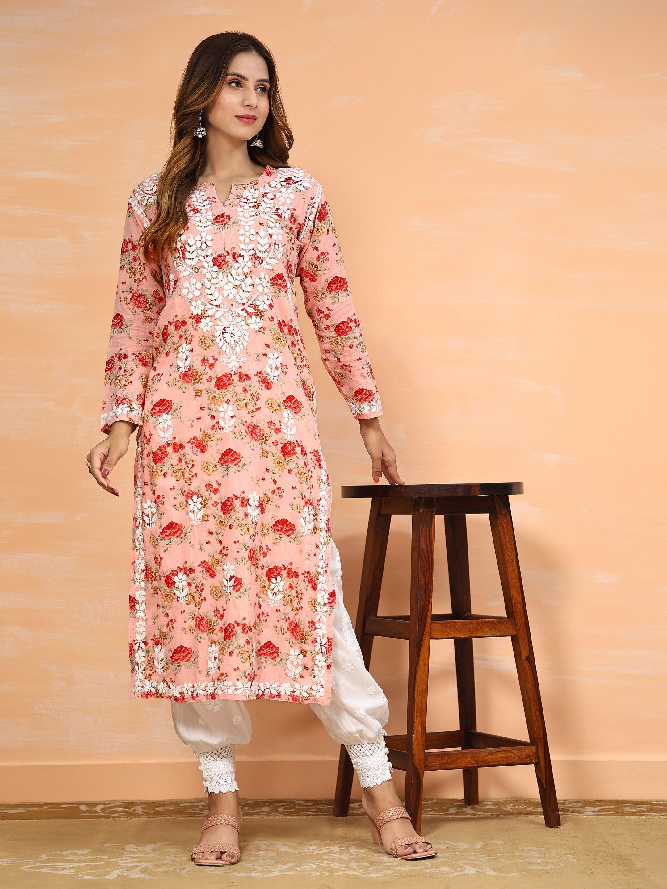 Samma Mul Printed Hand Embroidery Chikankari Kurta- Pink - House Of Kari (Chikankari Clothing)