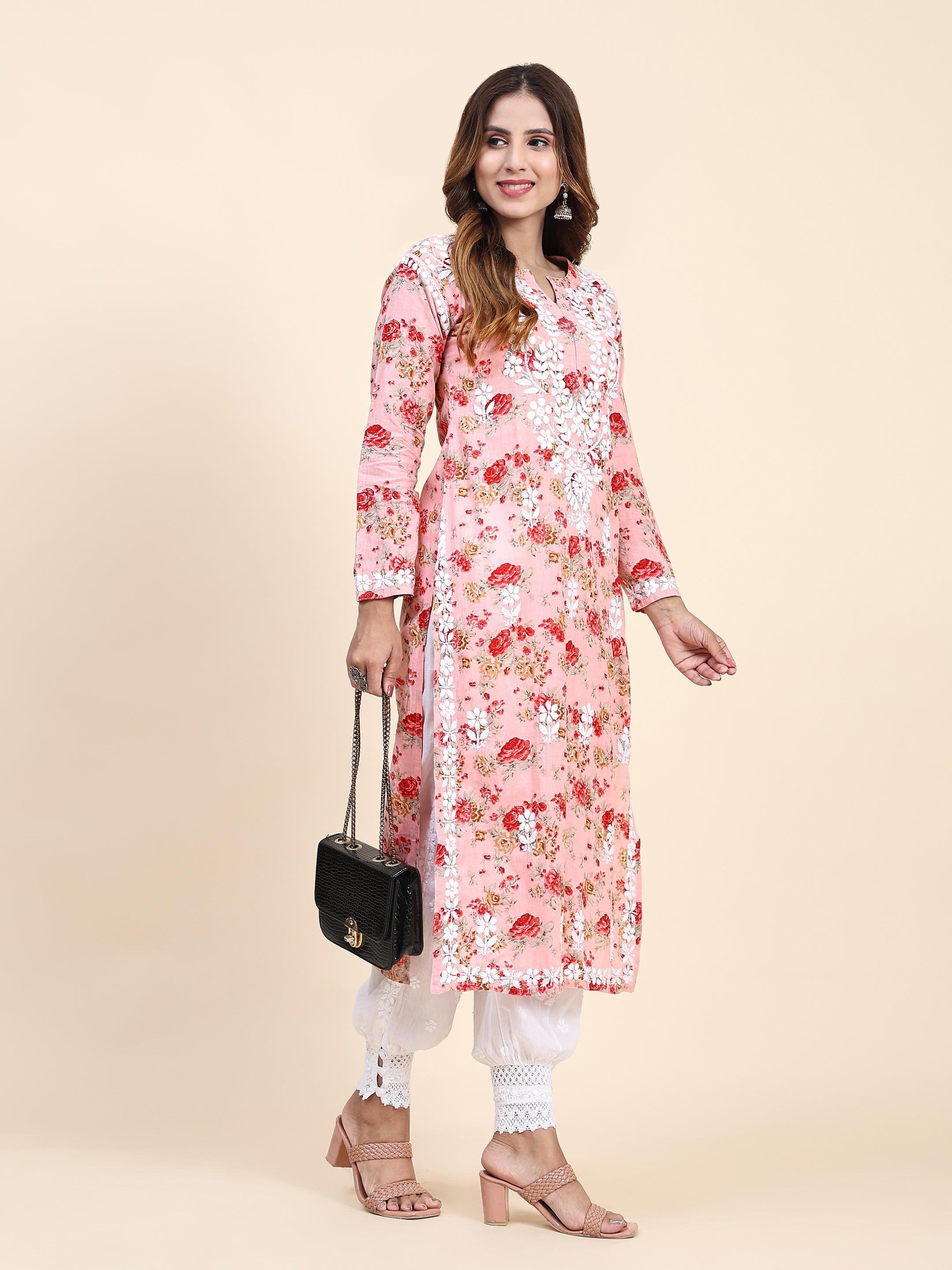 Samma Mul Printed Hand Embroidery Chikankari Kurta- Pink - House Of Kari (Chikankari Clothing)