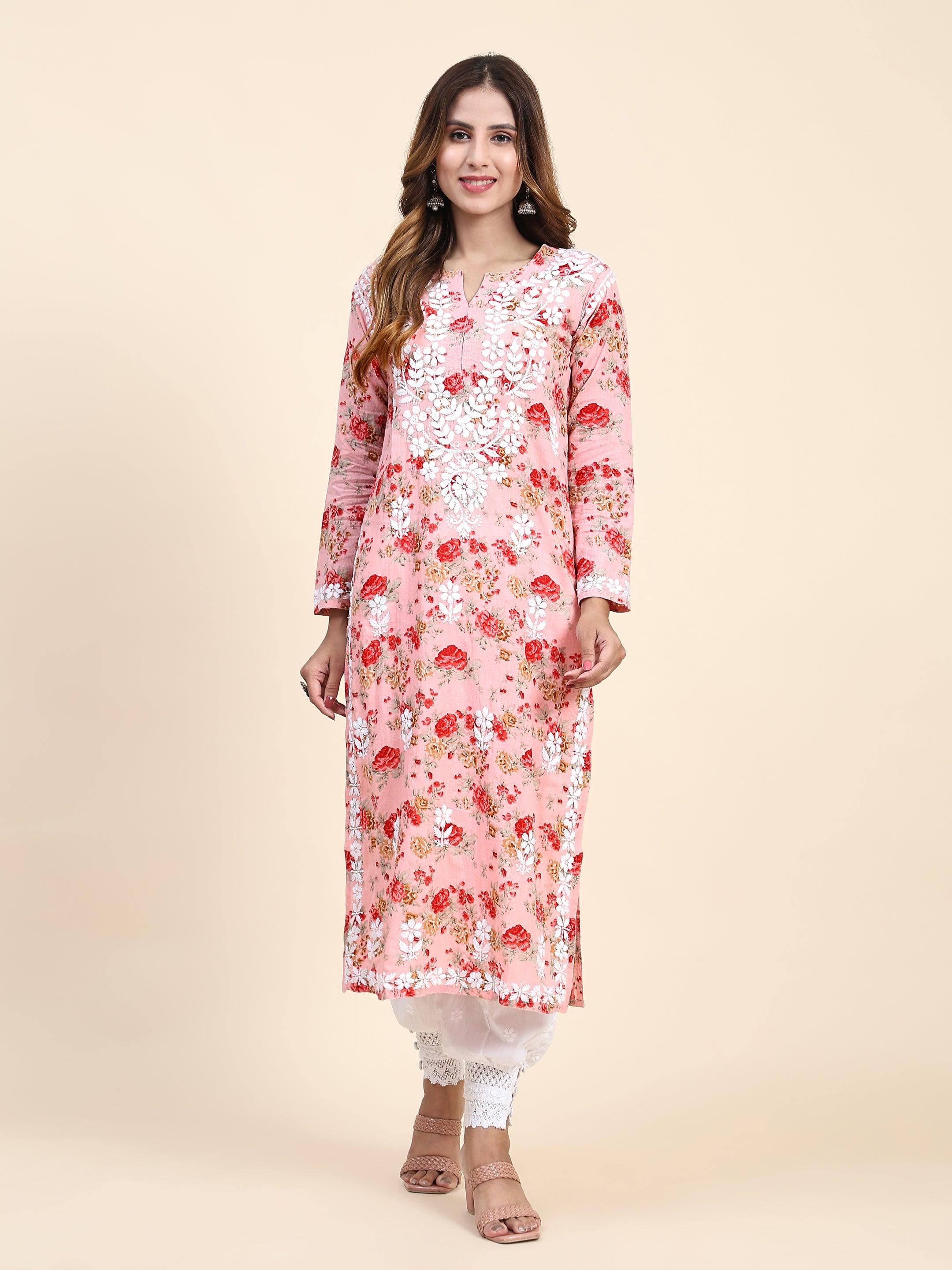 Samma Mul Printed Hand Embroidery Chikankari Kurta- Pink - House Of Kari (Chikankari Clothing)