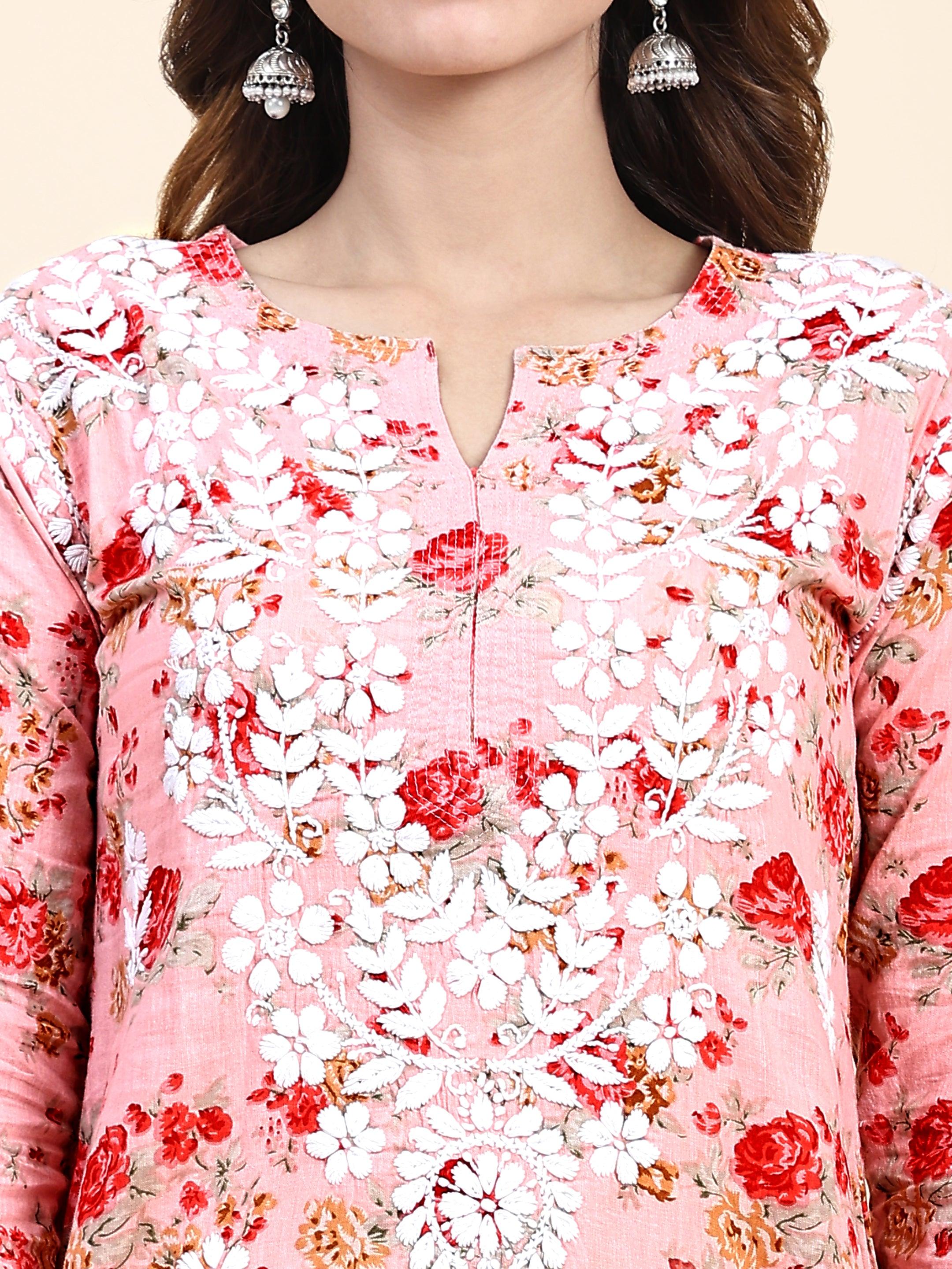 Samma Mul Printed Hand Embroidery Chikankari Kurta- Pink - House Of Kari (Chikankari Clothing)