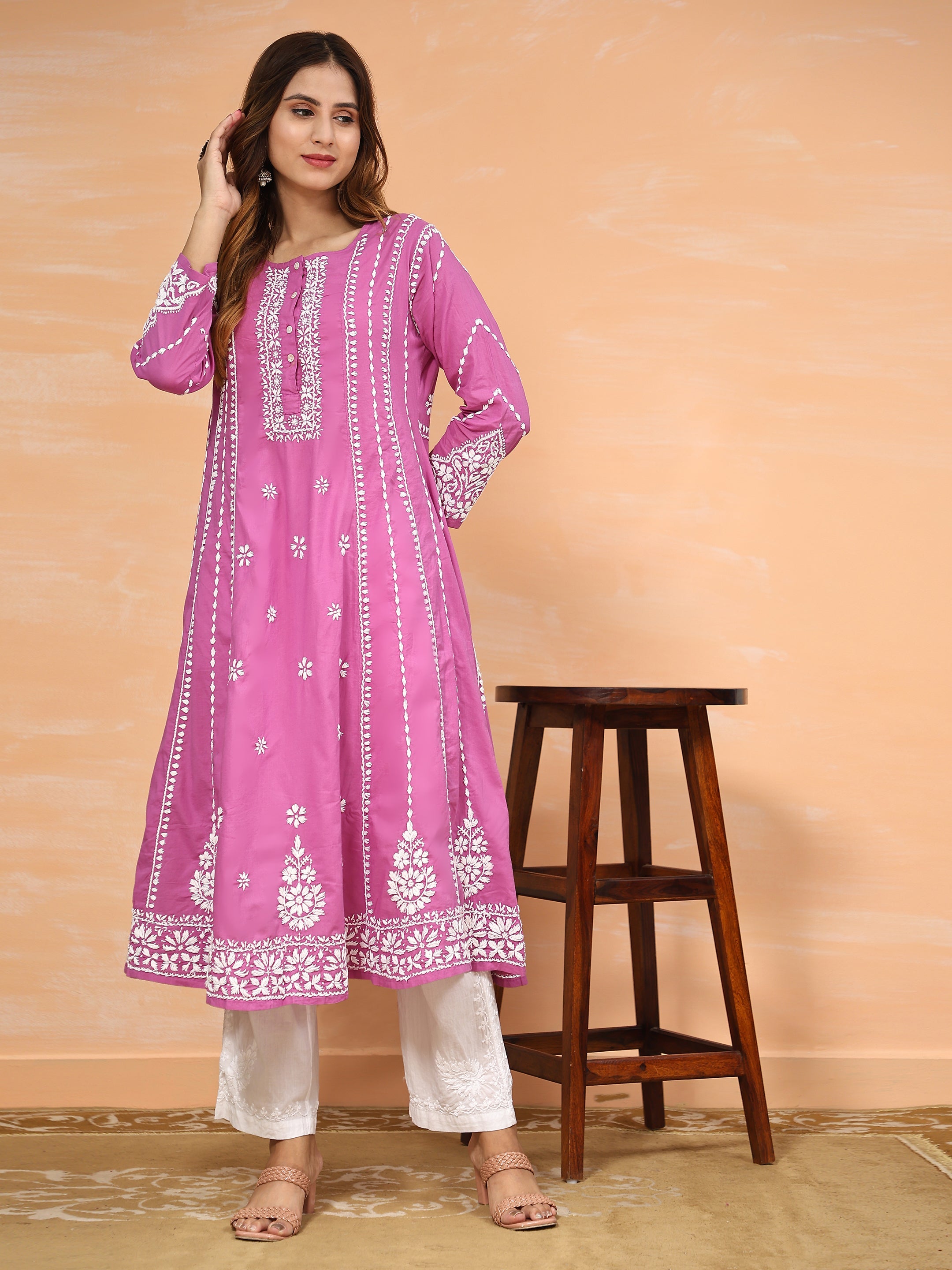 Fizaa Chikankari Long Kurta In Cotton For Women-Purple