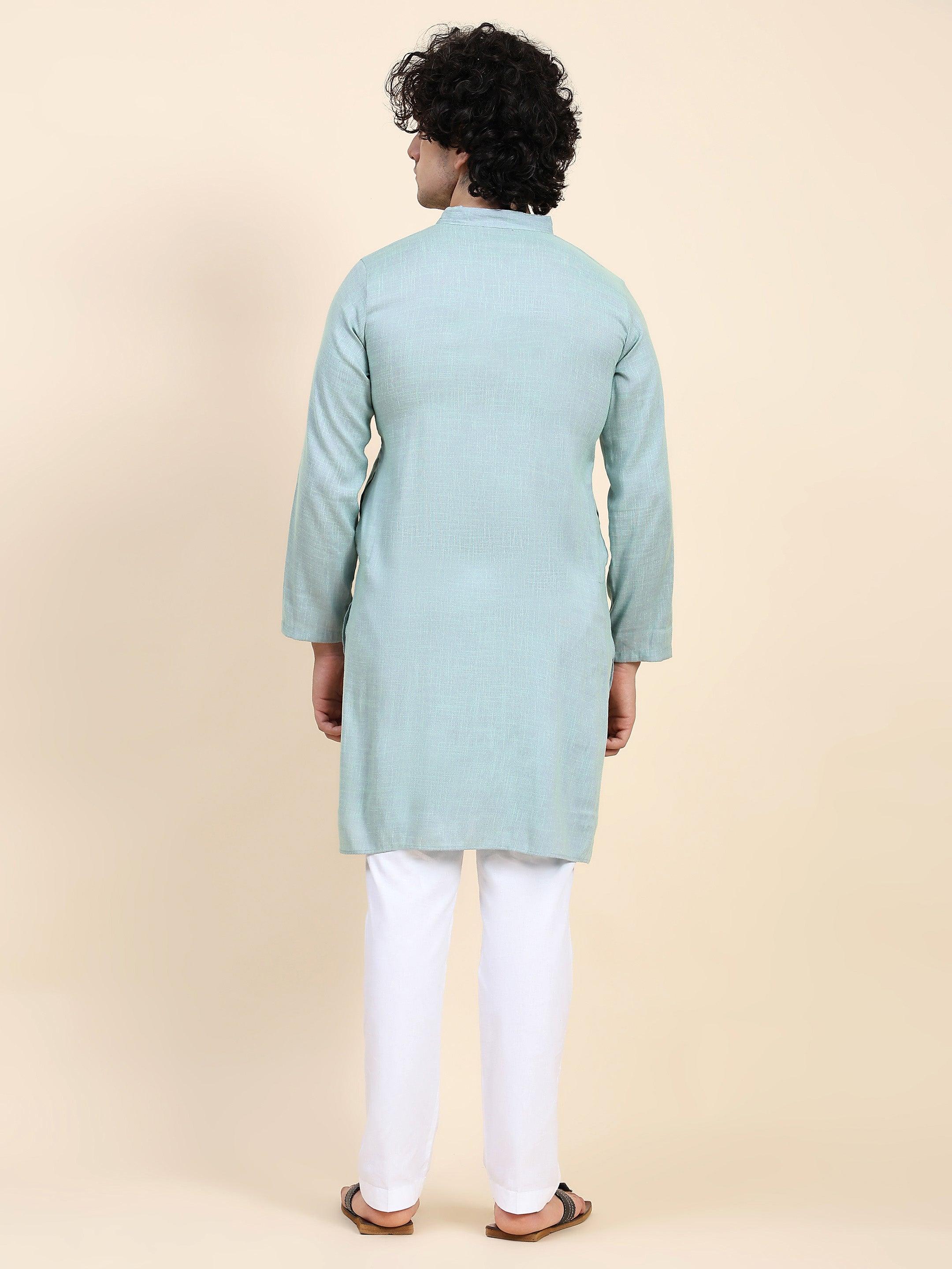 HOK Men's Chikankari Kurta in Cotton Silk Blend - Sea Green - House Of Kari (Chikankari Clothing)