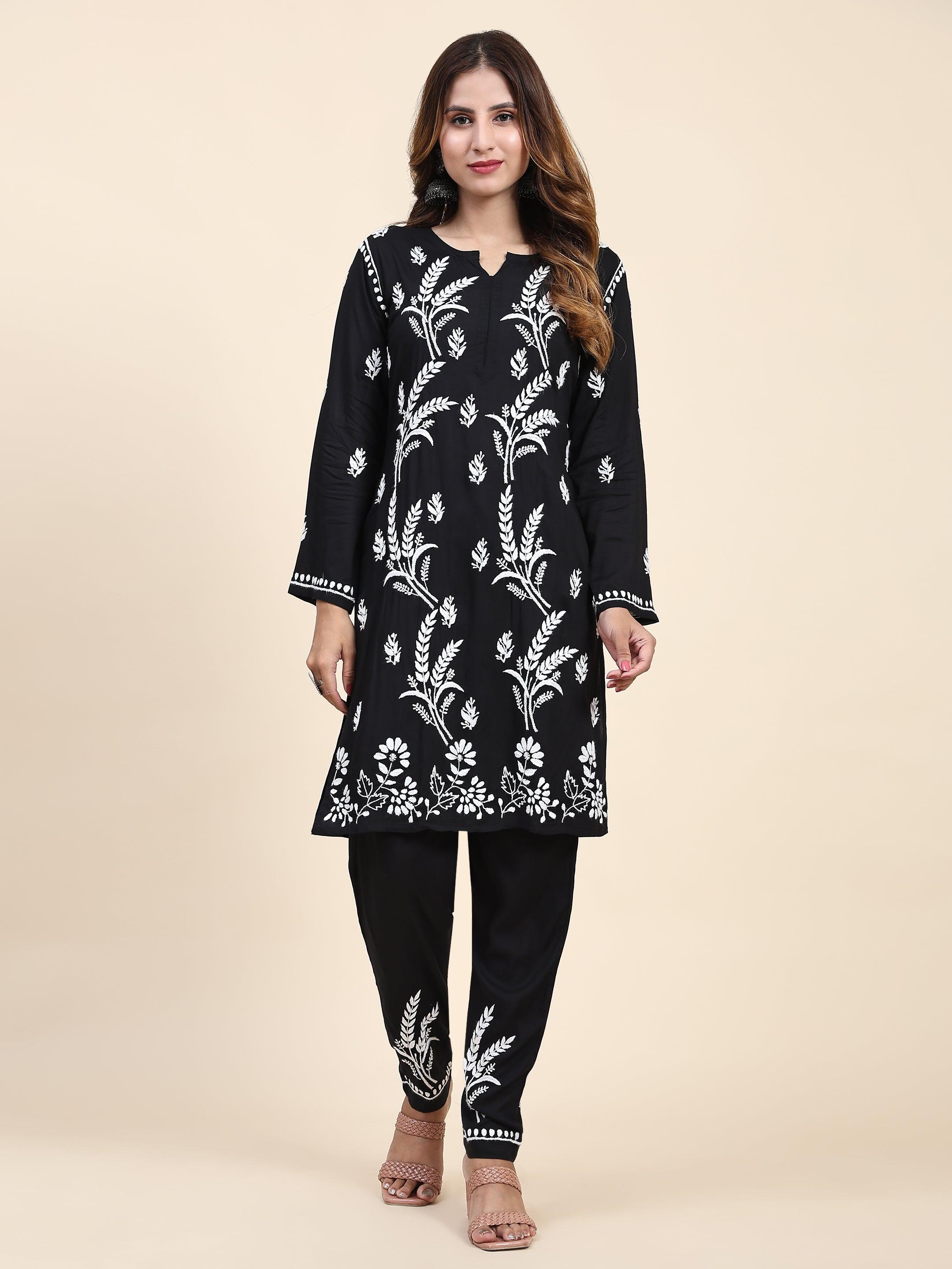 Fizaa Chikankari Short Modal Kurta Set - Black - House Of Kari (Chikankari Clothing)