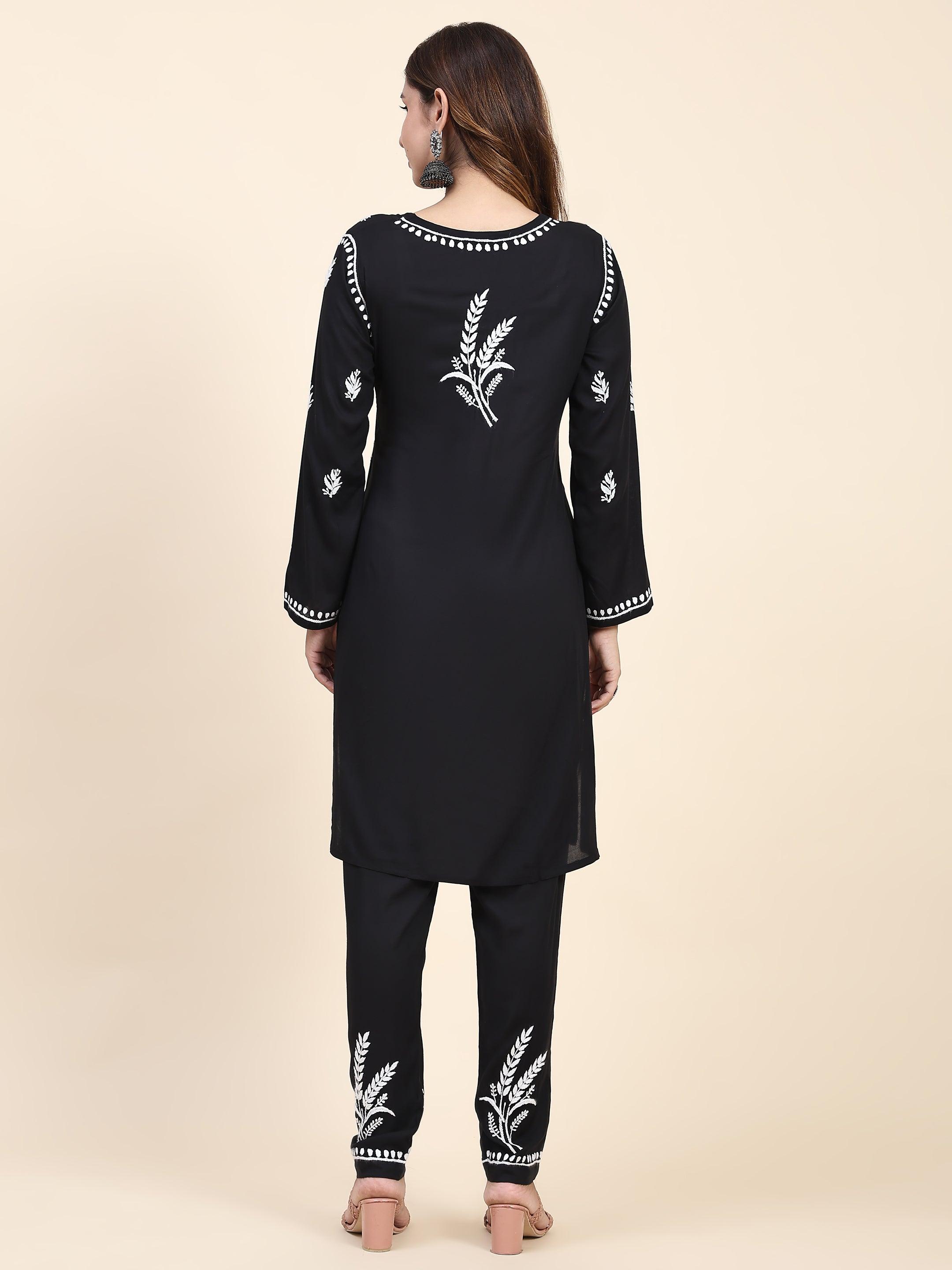 Fizaa Chikankari Short Modal Kurta Set - Black - House Of Kari (Chikankari Clothing)