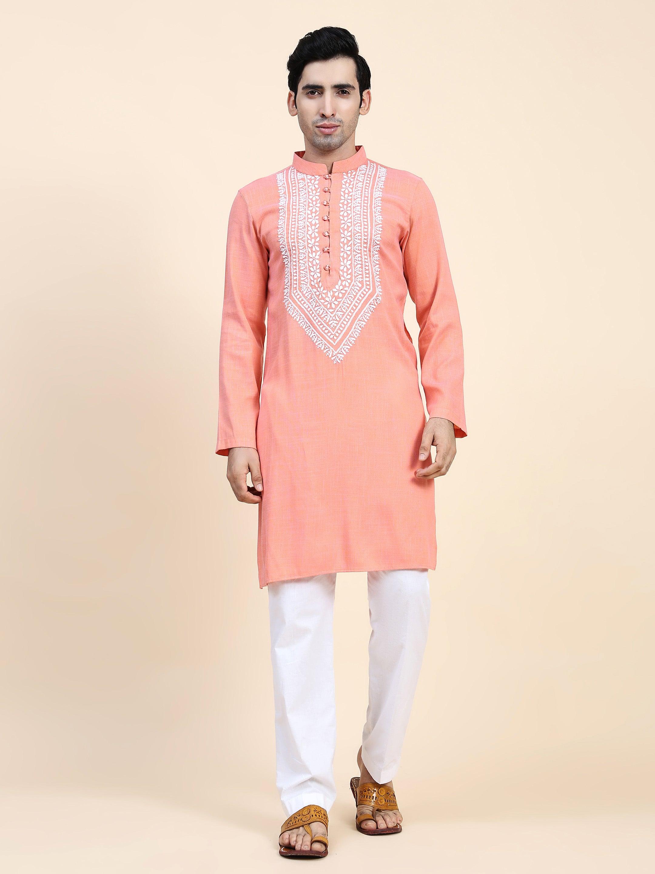 HOK Men's Chikankari Kurta in Cotton Silk Blend - Peach - House Of Kari (Chikankari Clothing)