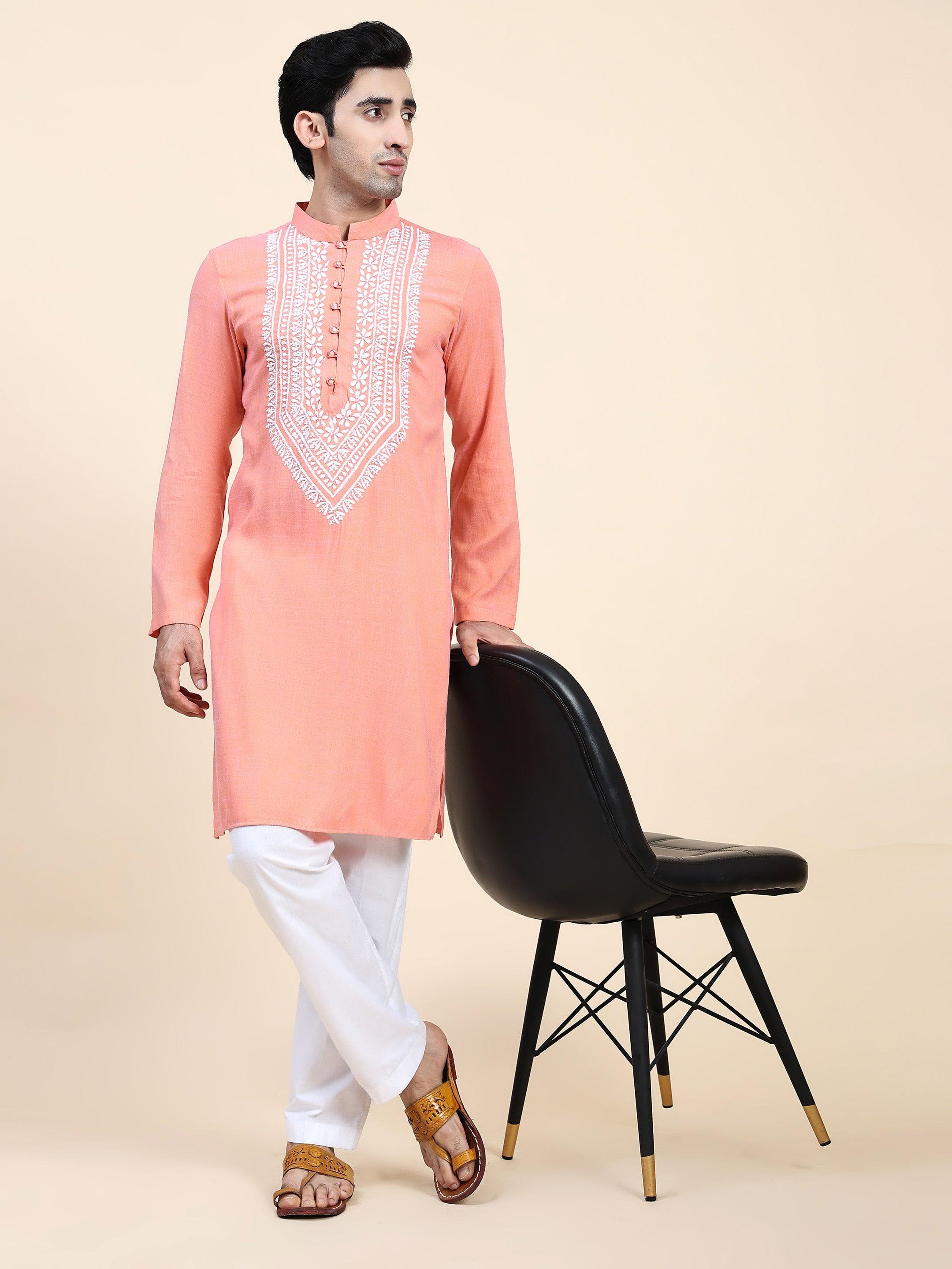 HOK Men's Chikankari Kurta in Cotton Silk Blend - Peach - House Of Kari (Chikankari Clothing)