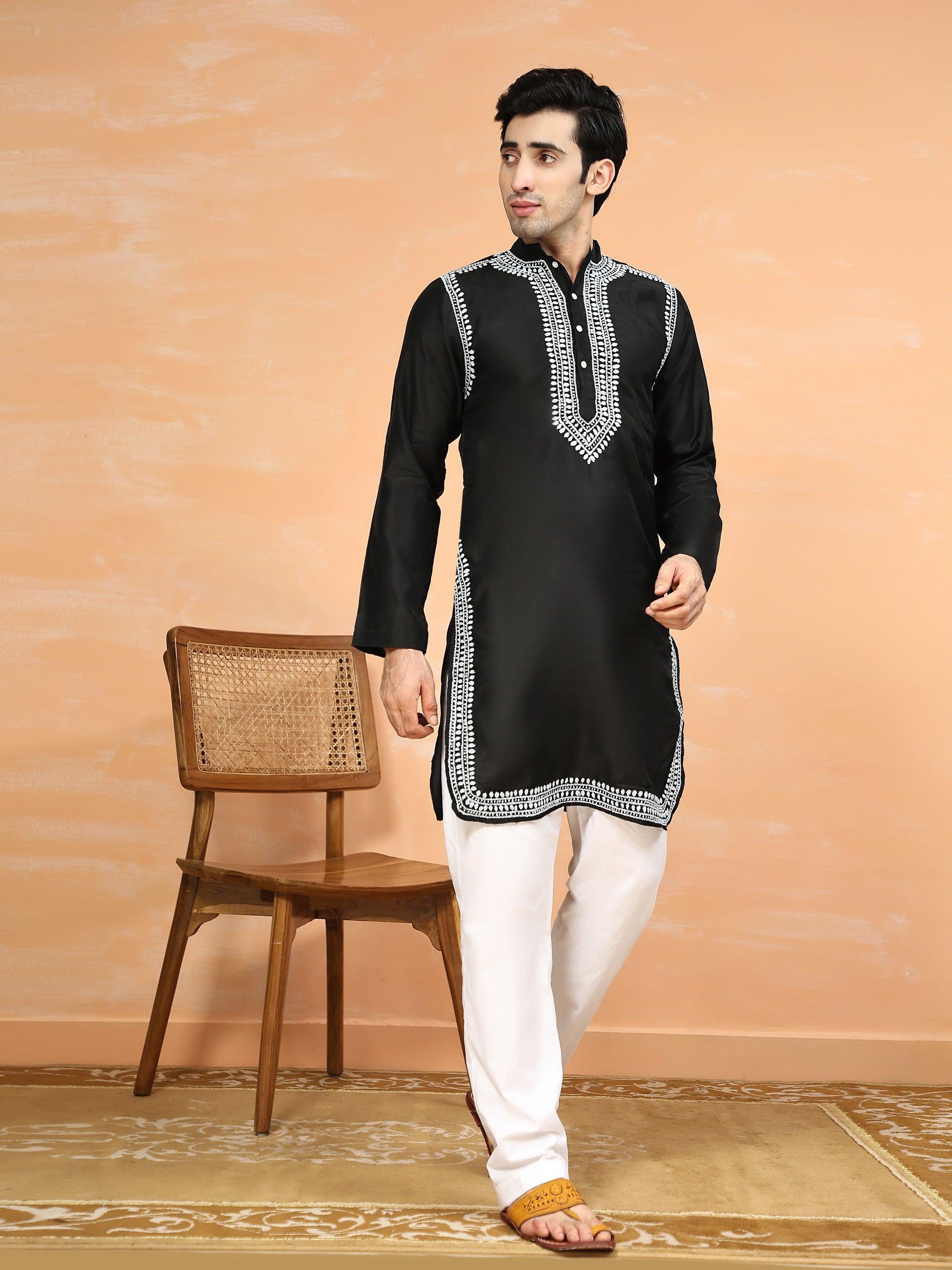 HOK Men's Chikankari Kurta in Chanderi Silk - Black - House Of Kari (Chikankari Clothing)