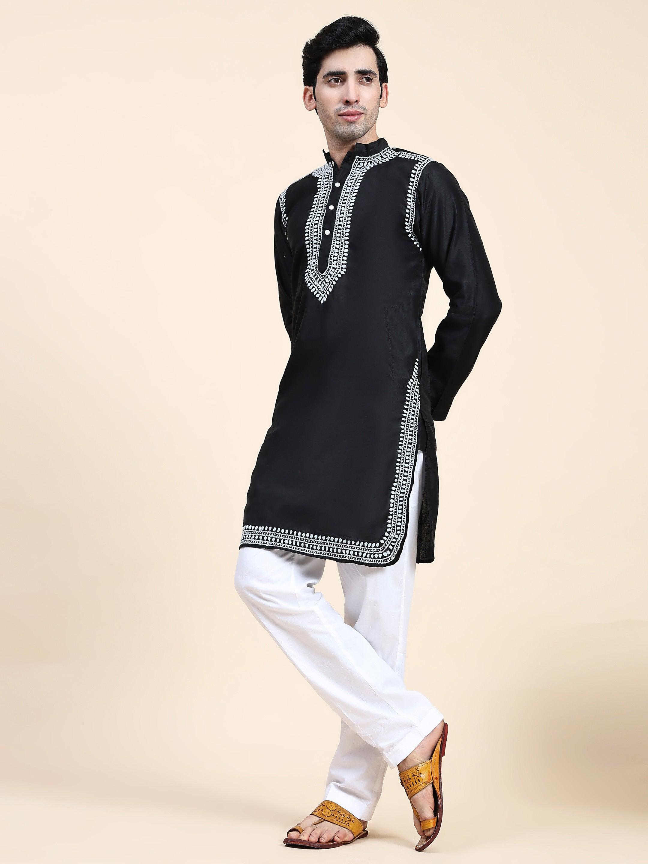 HOK Men's Chikankari Kurta in Chanderi Silk - Black - House Of Kari (Chikankari Clothing)