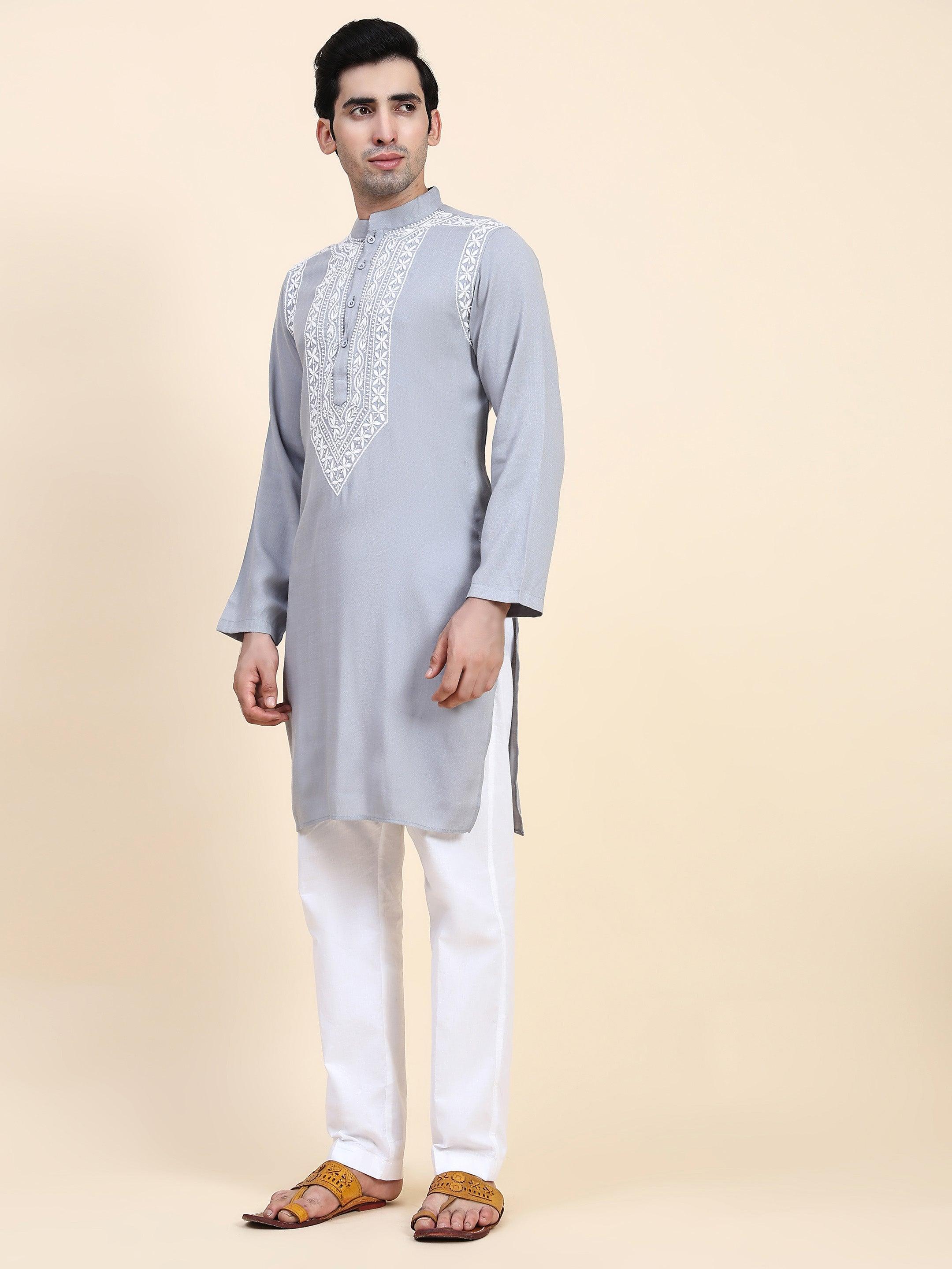 HOK Men's Chikankari Kurta in Cotton Silk Blend - Grey - House Of Kari (Chikankari Clothing)