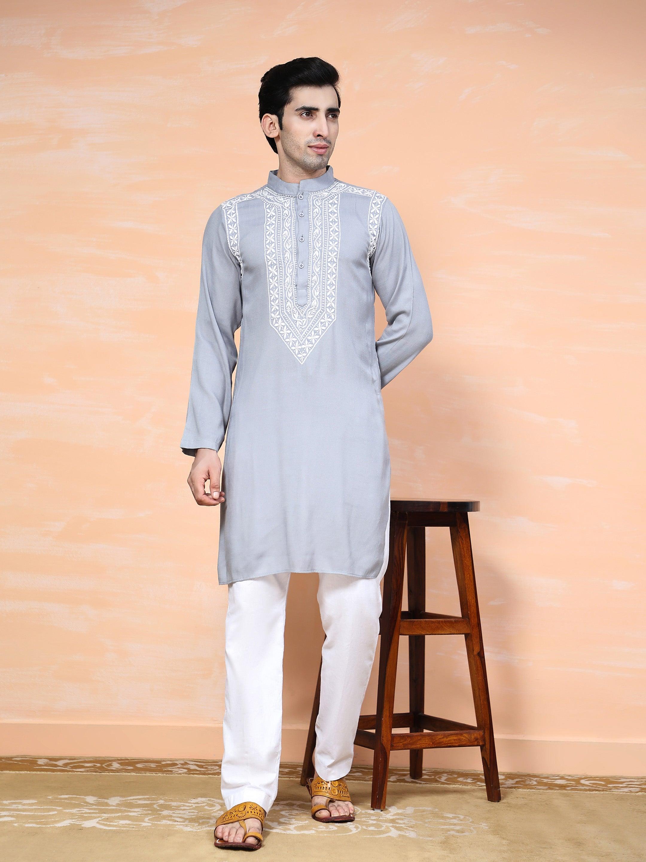 HOK Men's Chikankari Kurta in Cotton Silk Blend - Grey - House Of Kari (Chikankari Clothing)