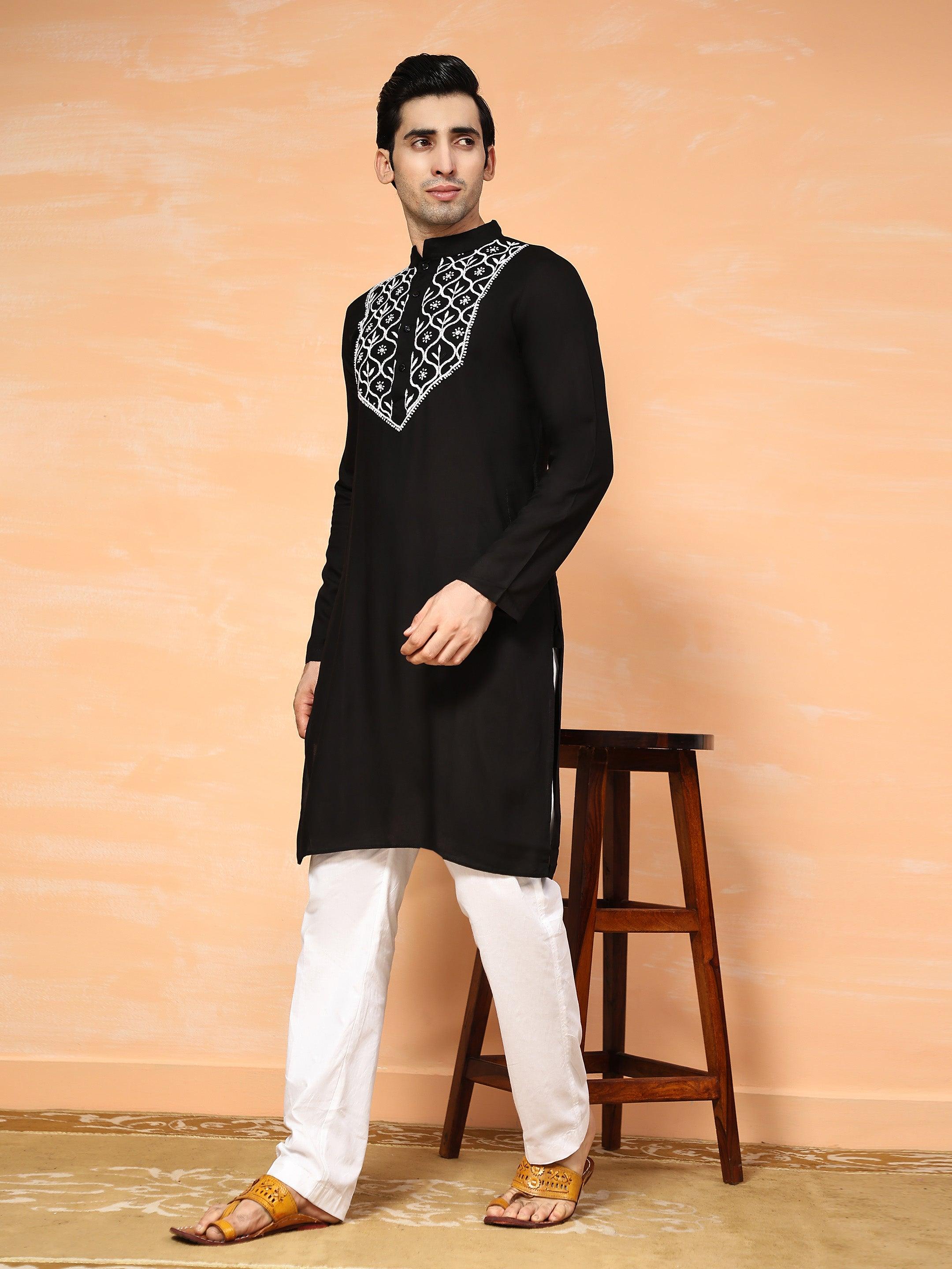 HOK Men's Chikankari Kurta in Rayon Cotton - Black - House Of Kari (Chikankari Clothing)
