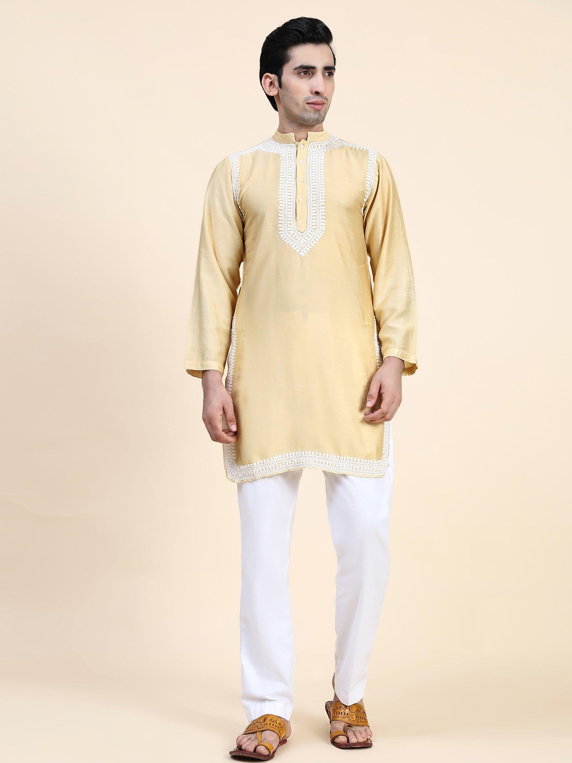 HOK Men's Chikankari Kurta in Chanderi Silk - Beige - House Of Kari (Chikankari Clothing)