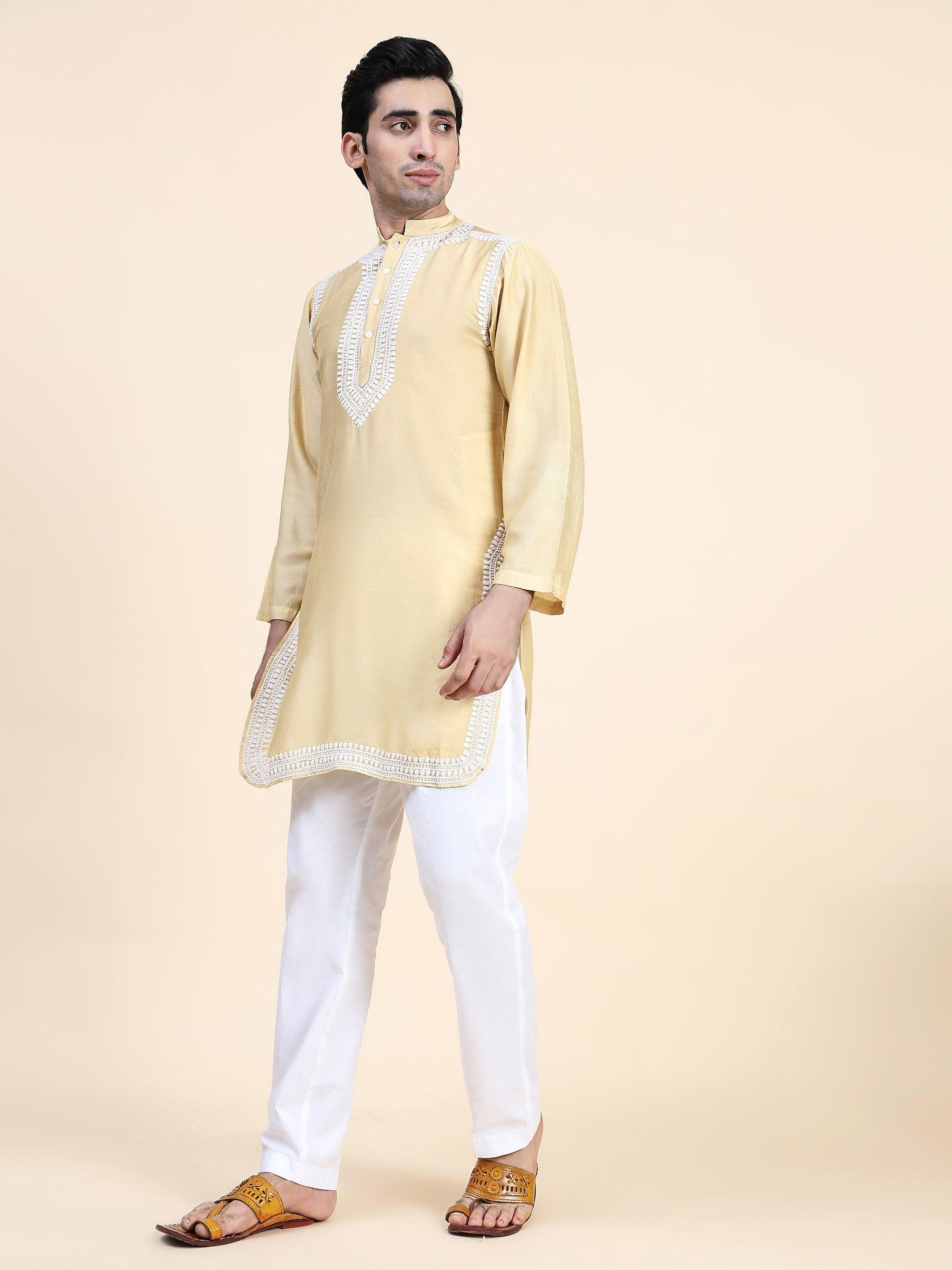 HOK Men's Chikankari Kurta in Chanderi Silk - Beige - House Of Kari (Chikankari Clothing)