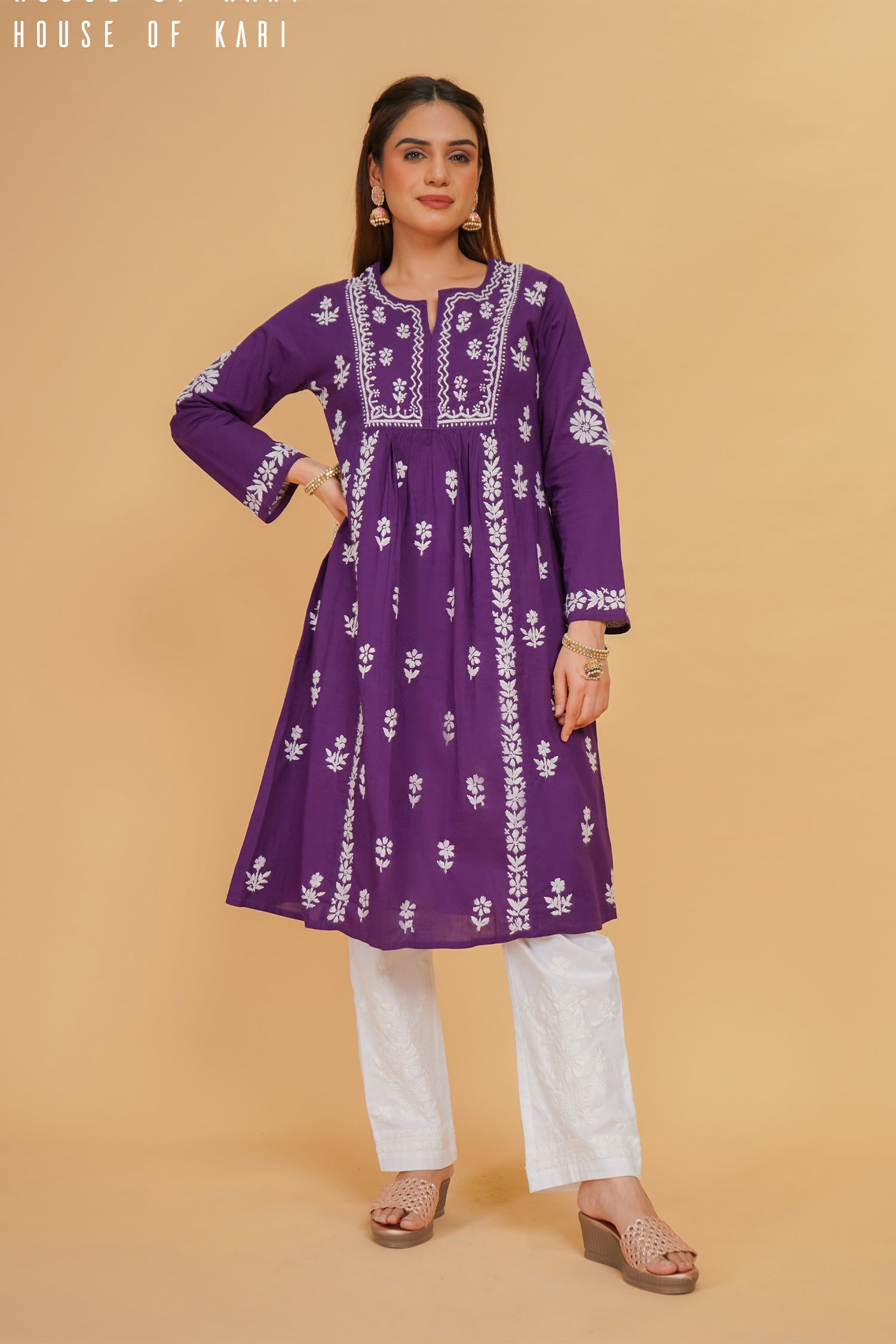 Cotton Chikankari Flared Kurta in Purple