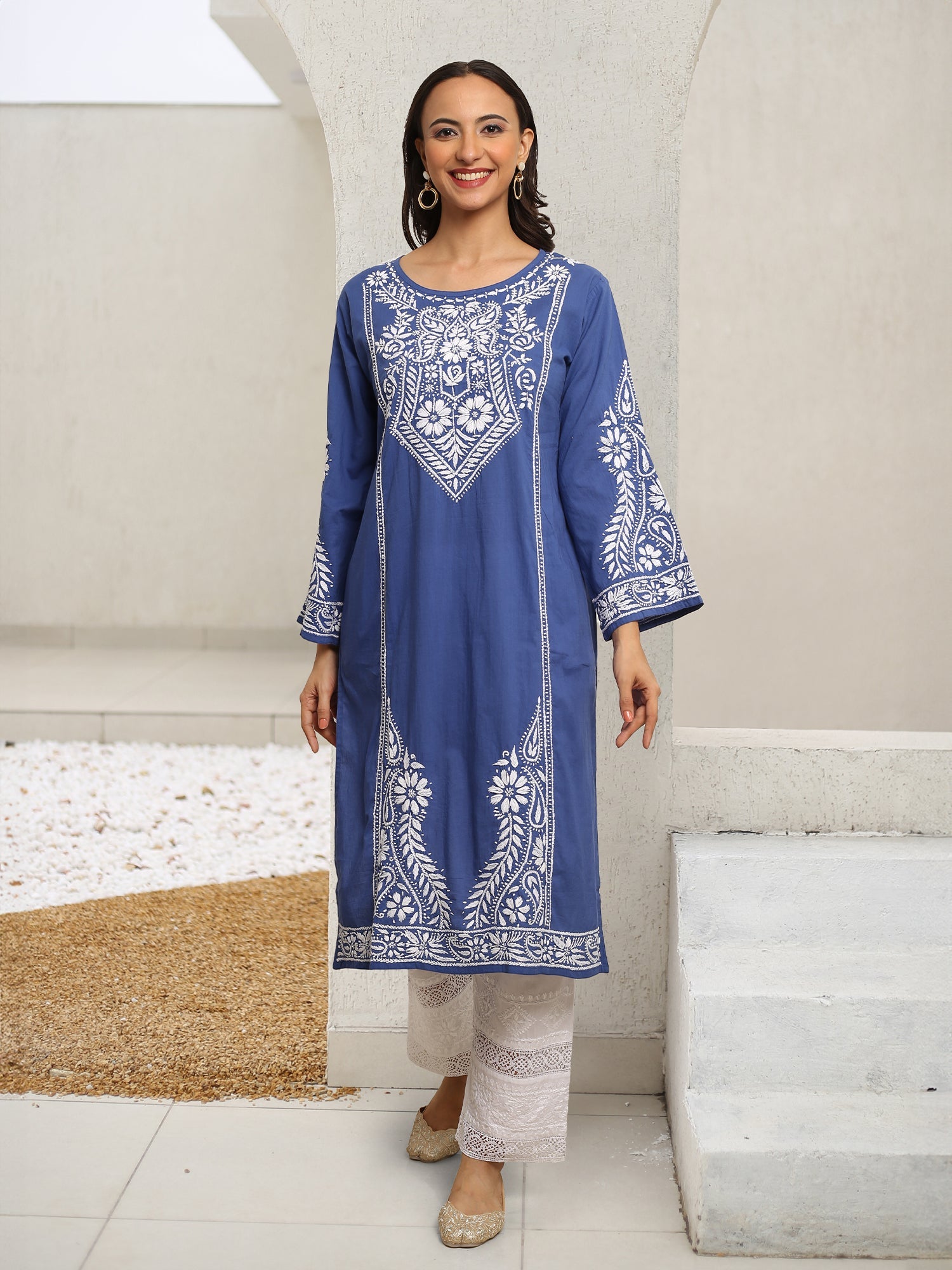 Saba Chikankari Long Kurti in Cambric Cotton - Blue