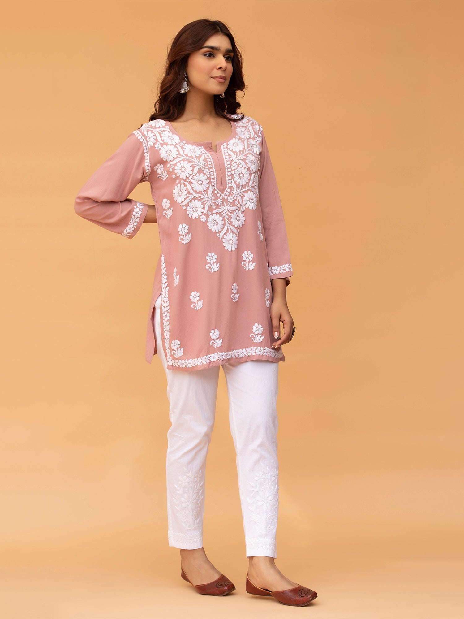 Saba Chikankari Short Kurta in Rayon cotton - Peach