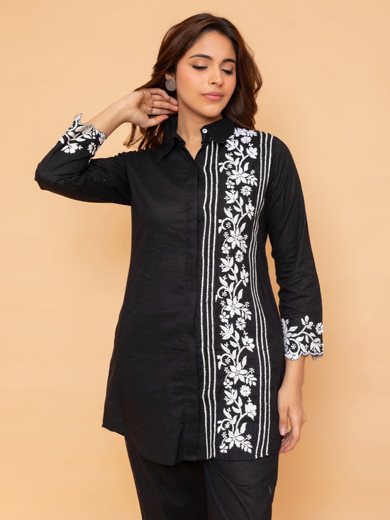 Saba Chikankari Co-ord Set in Cotton Cambric - Black With White