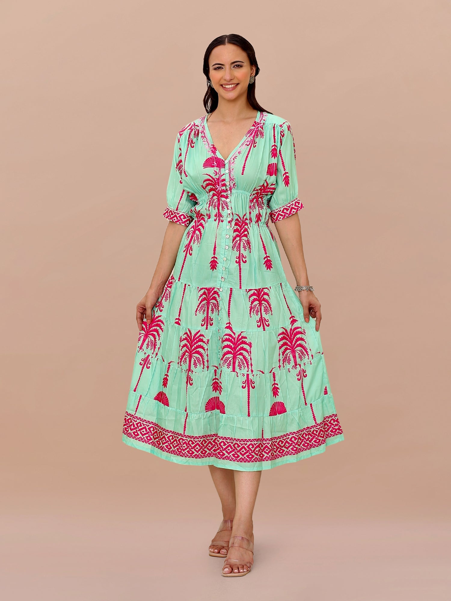 Saba Chikanakri Dress in Printed Poly Muslin - Tourquise blue