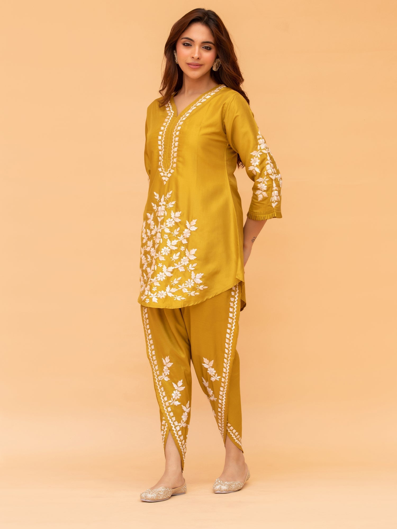 Sneha in Saba Chikankari Kurta Set in Habutai Silk - Mustard