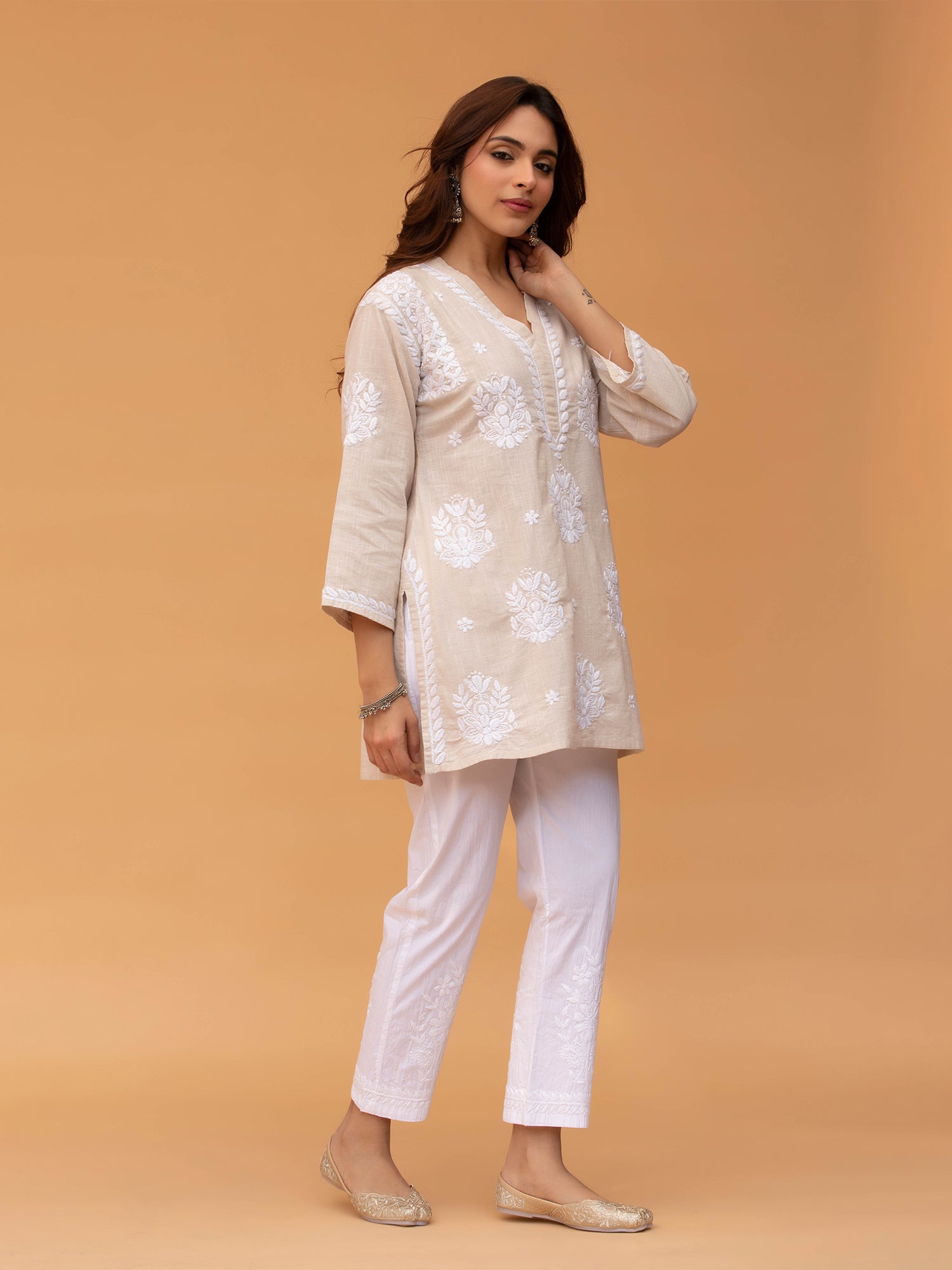 Anushka in Saba Chikankari Short kurta in Slub cotton - Beige