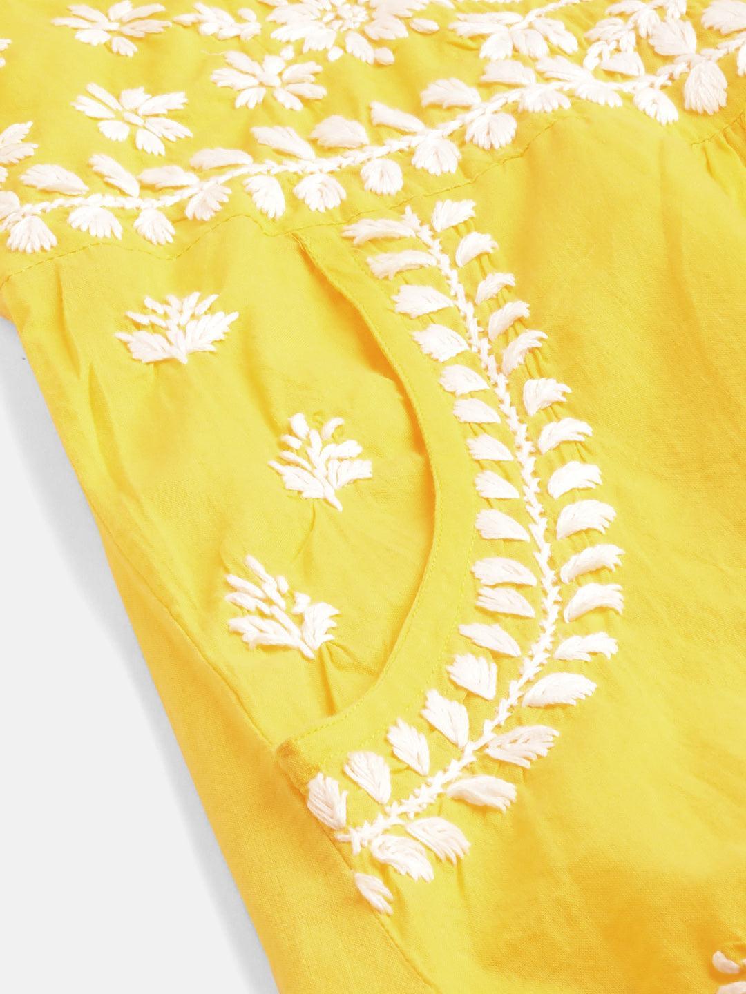 Hand Embroidery Chikankari Tunic for Women - Yellow - House Of Kari (Chikankari Clothing)