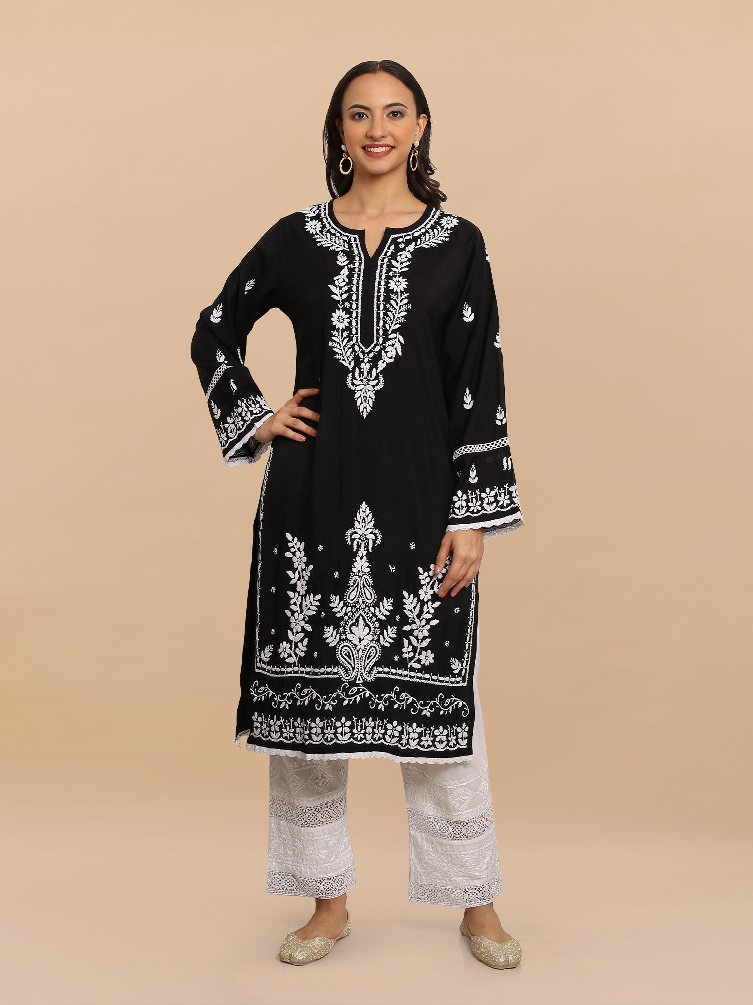 Saba Chikankari Long kurta in Modal Silk - Black
