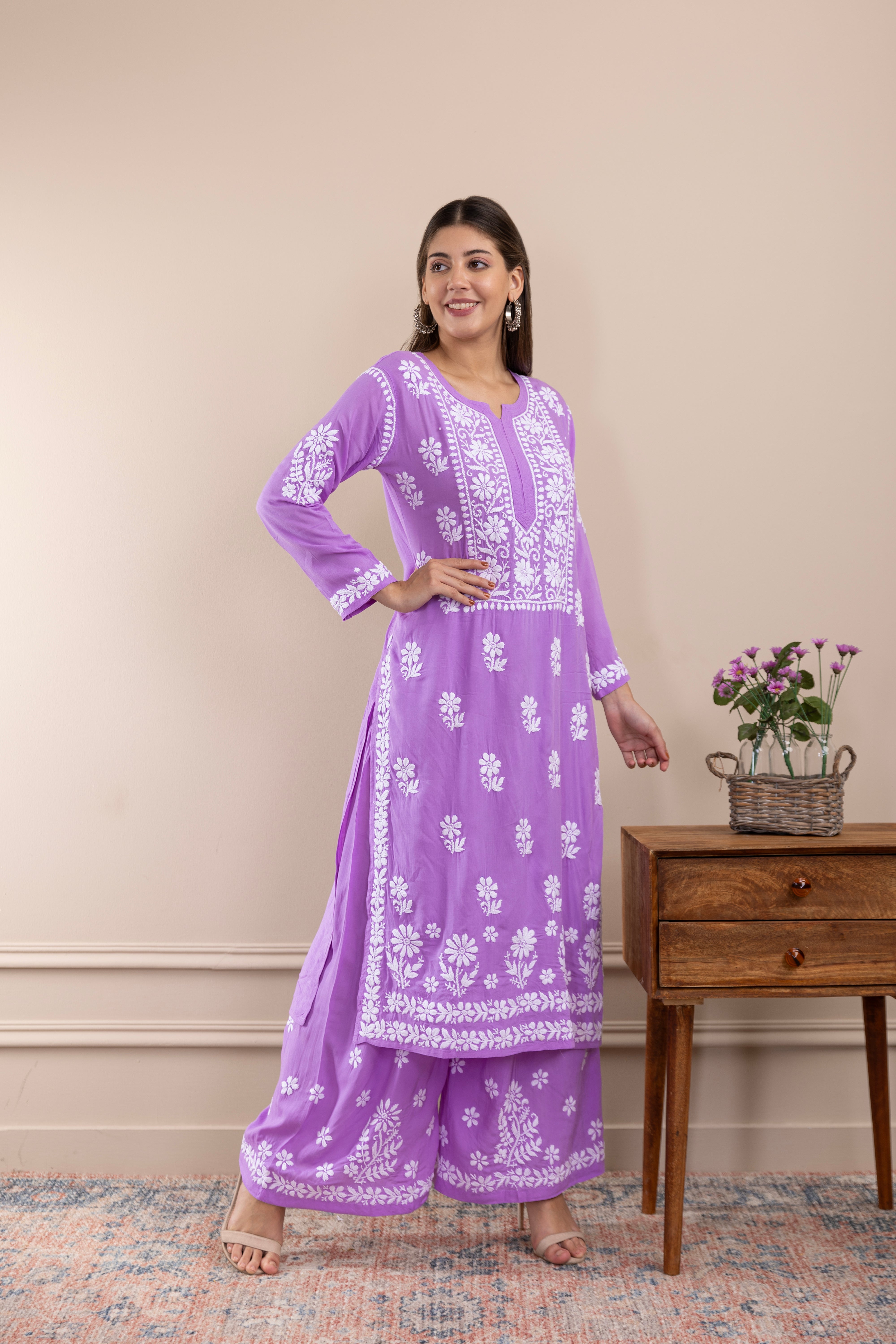 Fizaa Chikankari Kurta Set in Modal Cotton Lavender