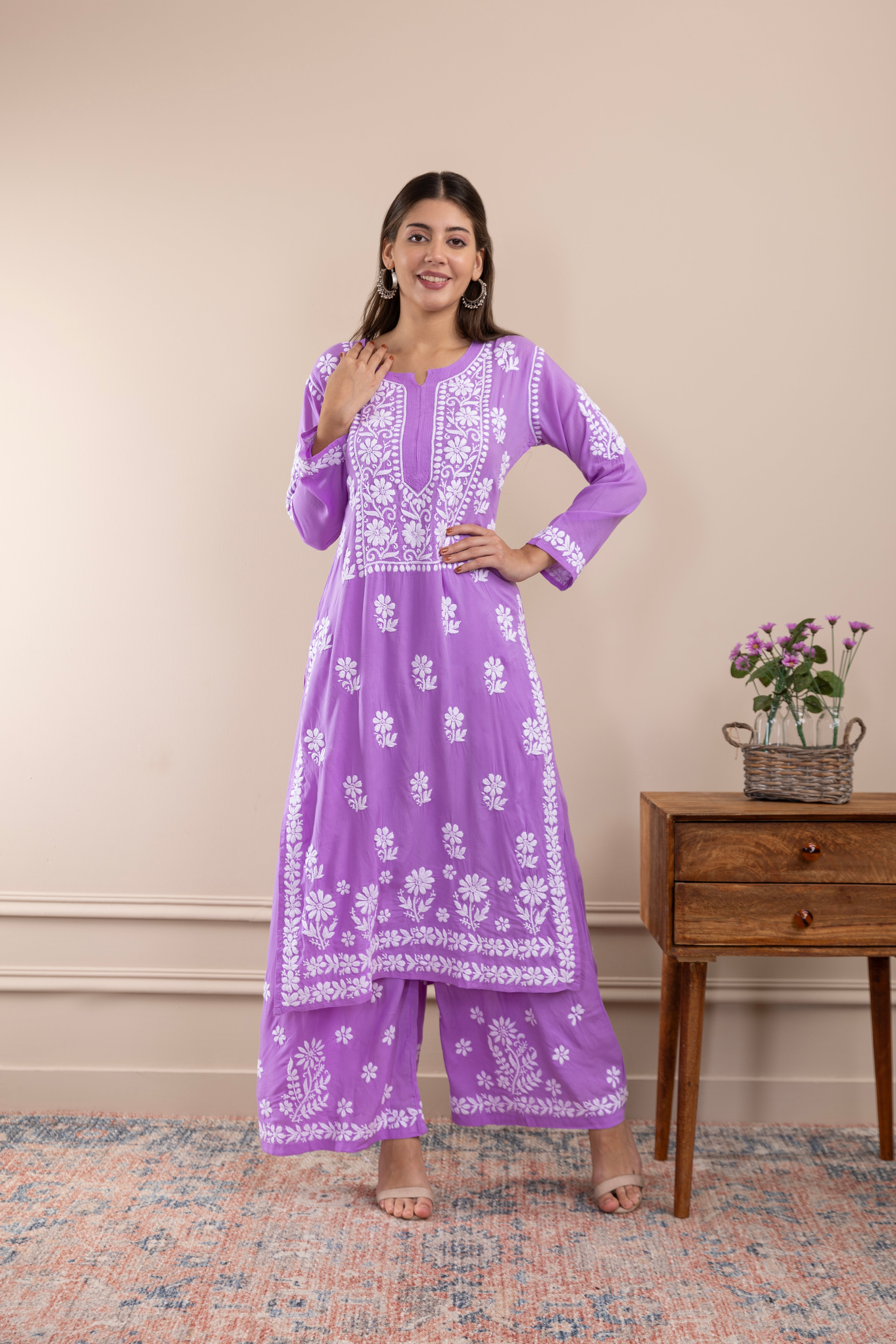 Fizaa Chikankari Kurta Set in Modal Cotton Lavender