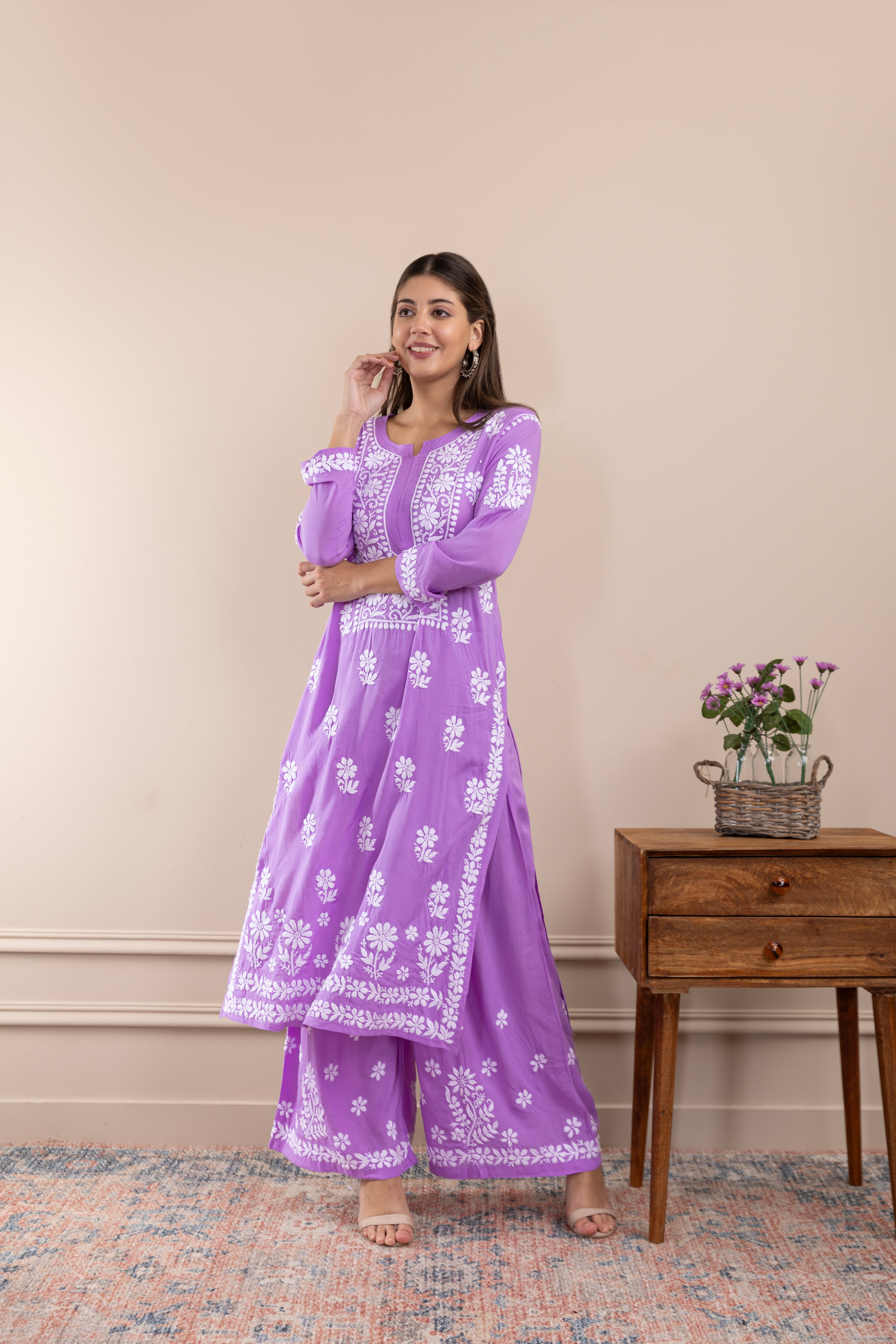 Fizaa Chikankari Kurta Set in Modal Cotton Lavender