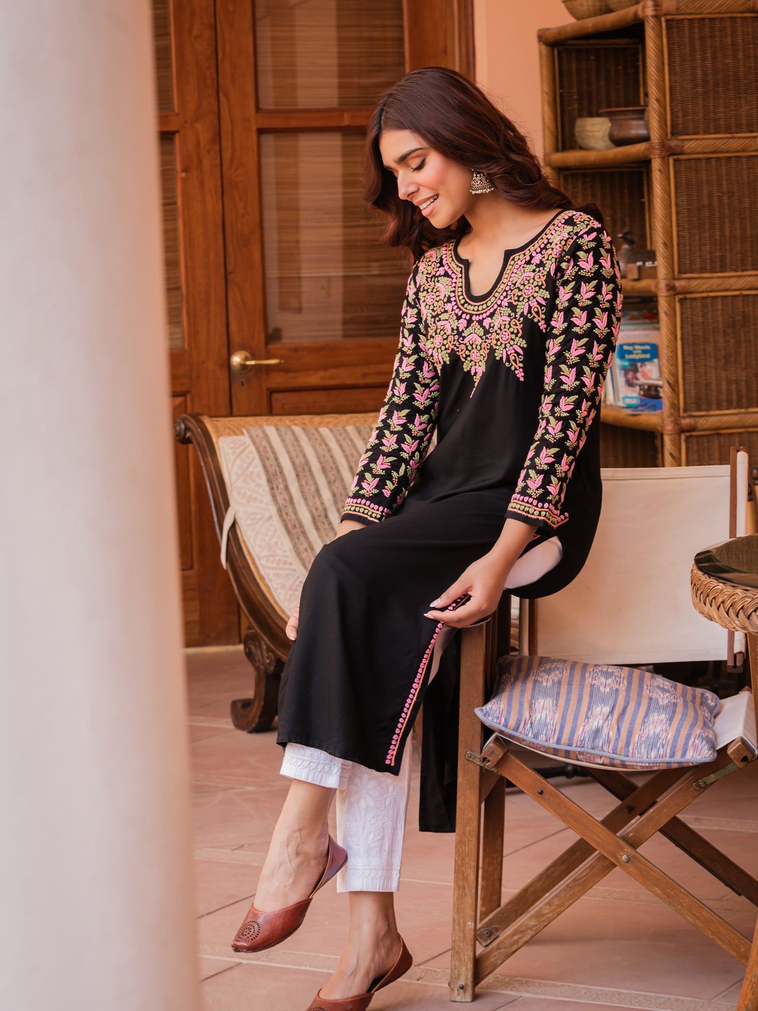 Komal x HOK Saba Chikankari Long Kurta in Rayon Cotton - Black