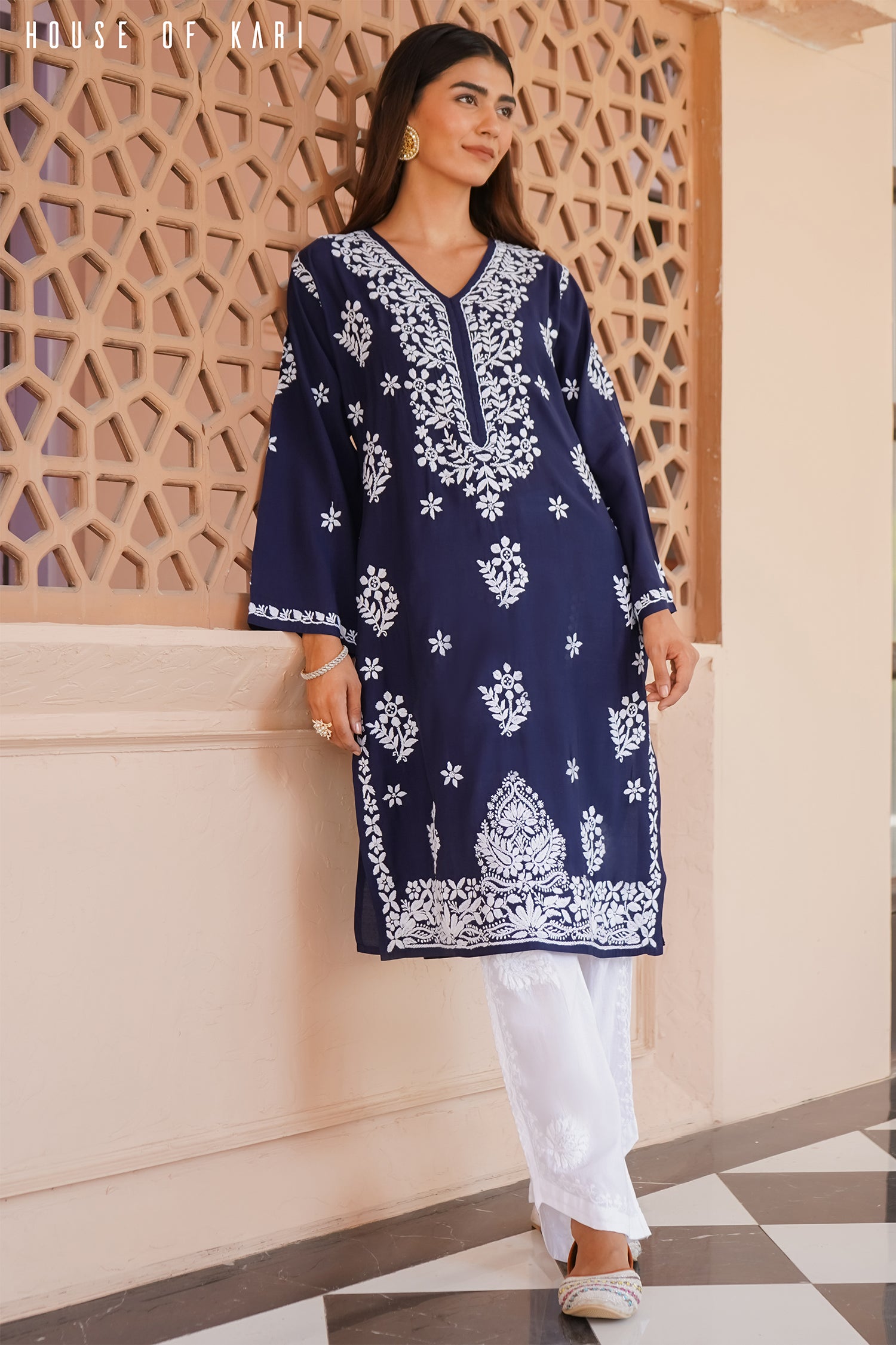 Muslin Chikankari Long Kurta In Navy Blue