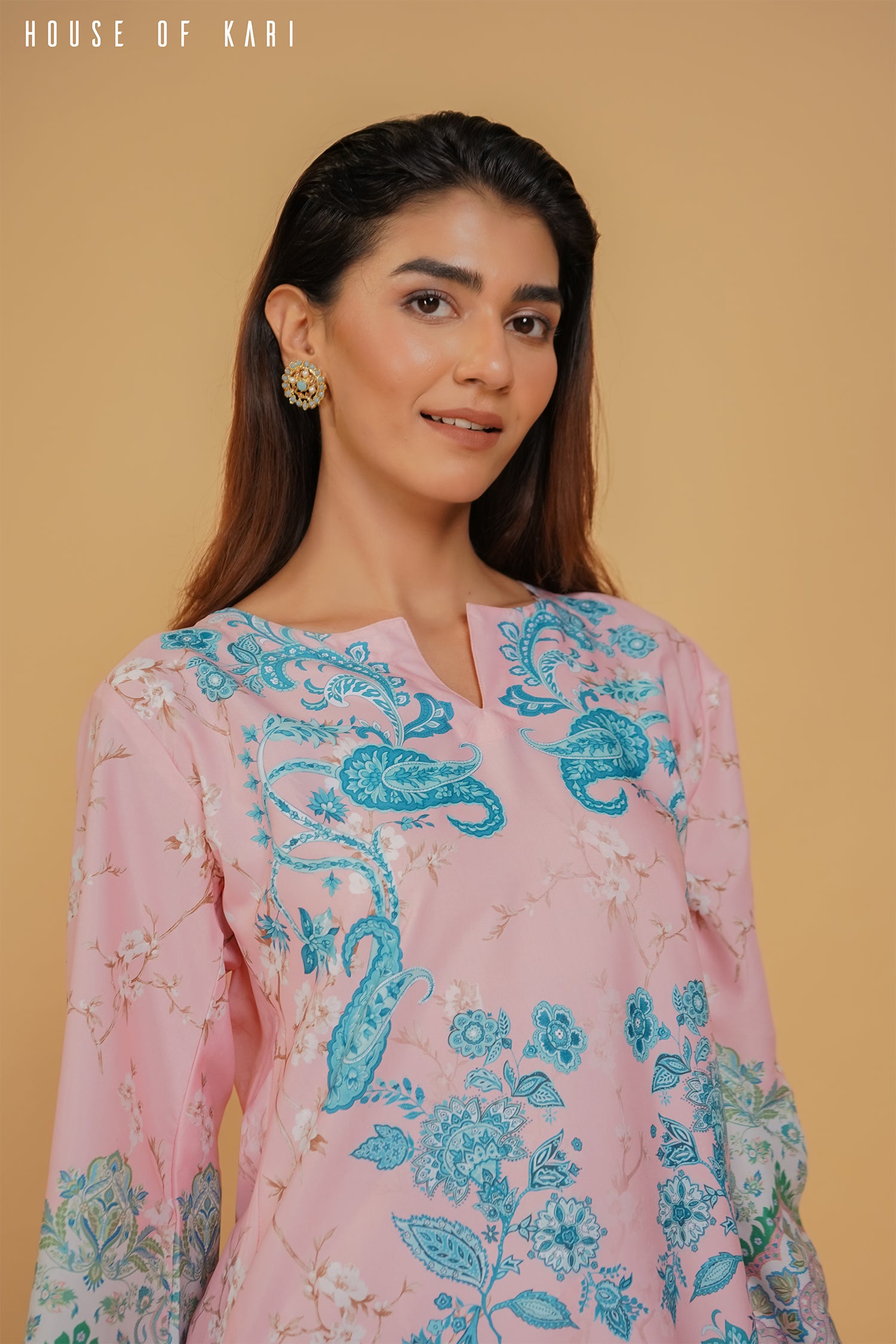 Nriti in Printkari Poly Muslin Co-ord set in Pink & Sky Blue