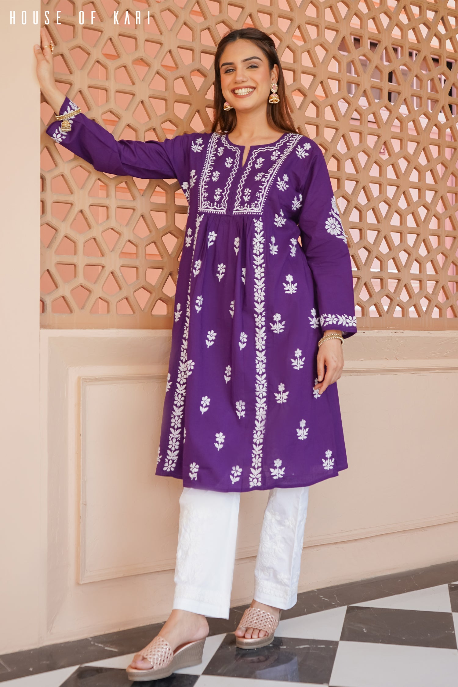 Cotton Chikankari Flared Kurta in Purple