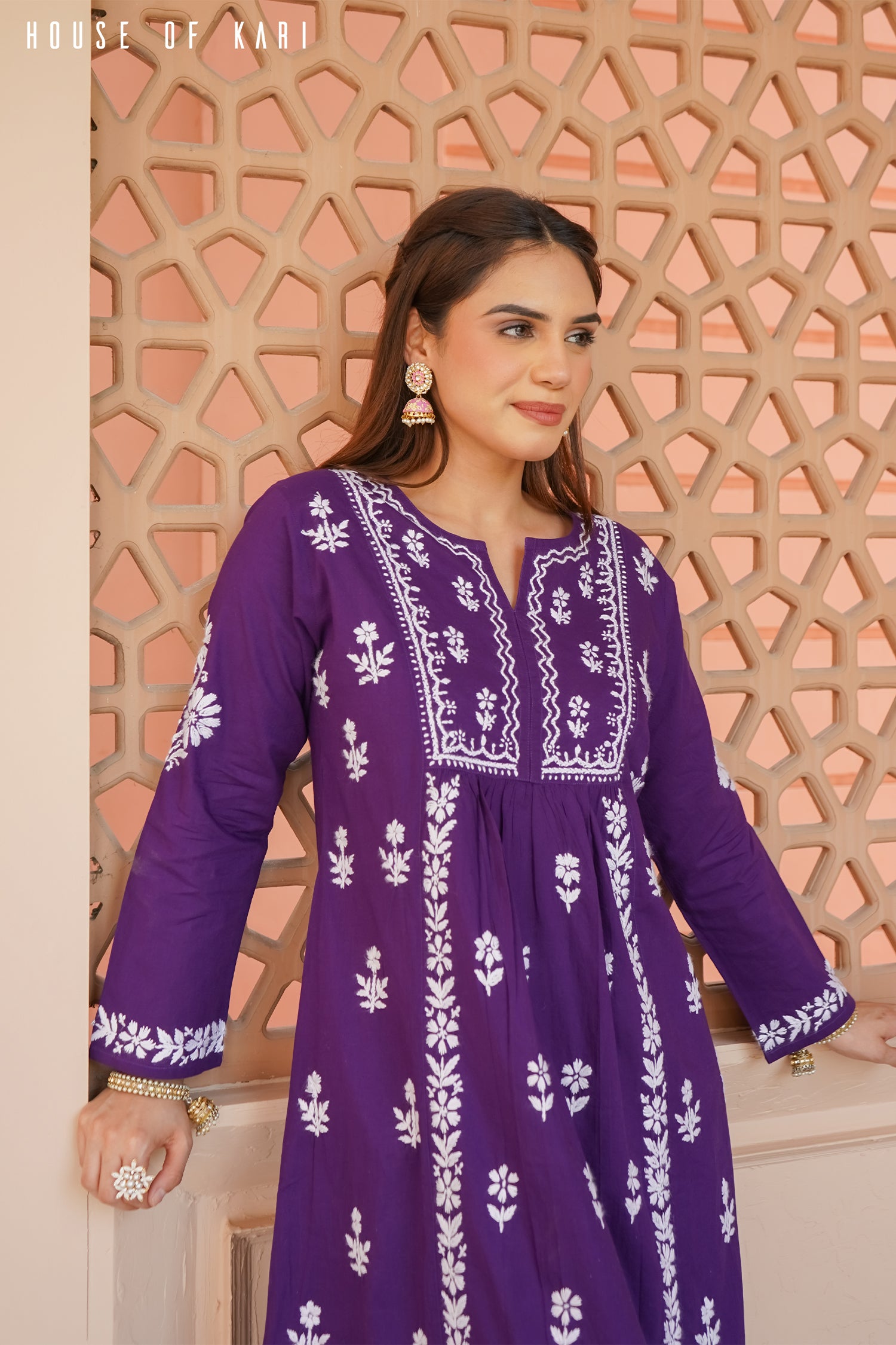 Cotton Chikankari Flared Kurta in Purple