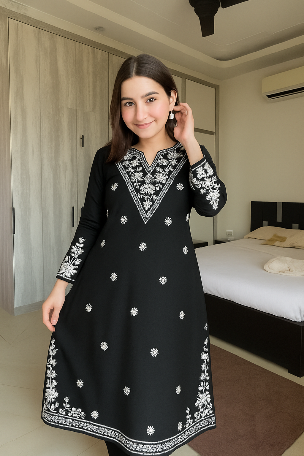 ADA in Cotton Chikankari Long Kurta Black