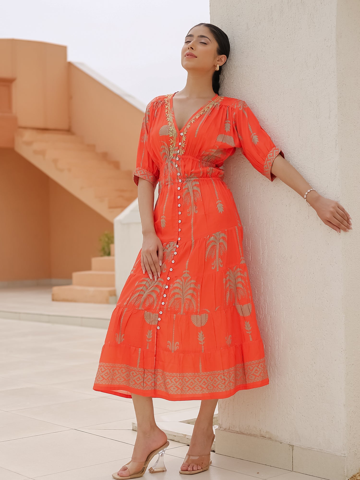Saba Chikanakri Dress in Printed Poly Muslin - Orange