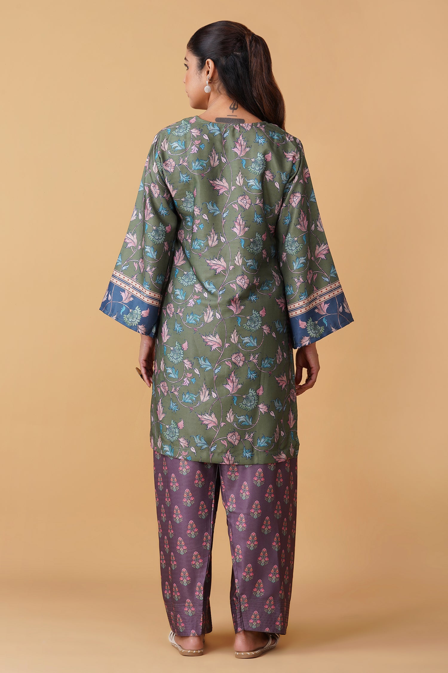 Pashmina Printkari Coord Set with Farsi Bottoms – Olive Green