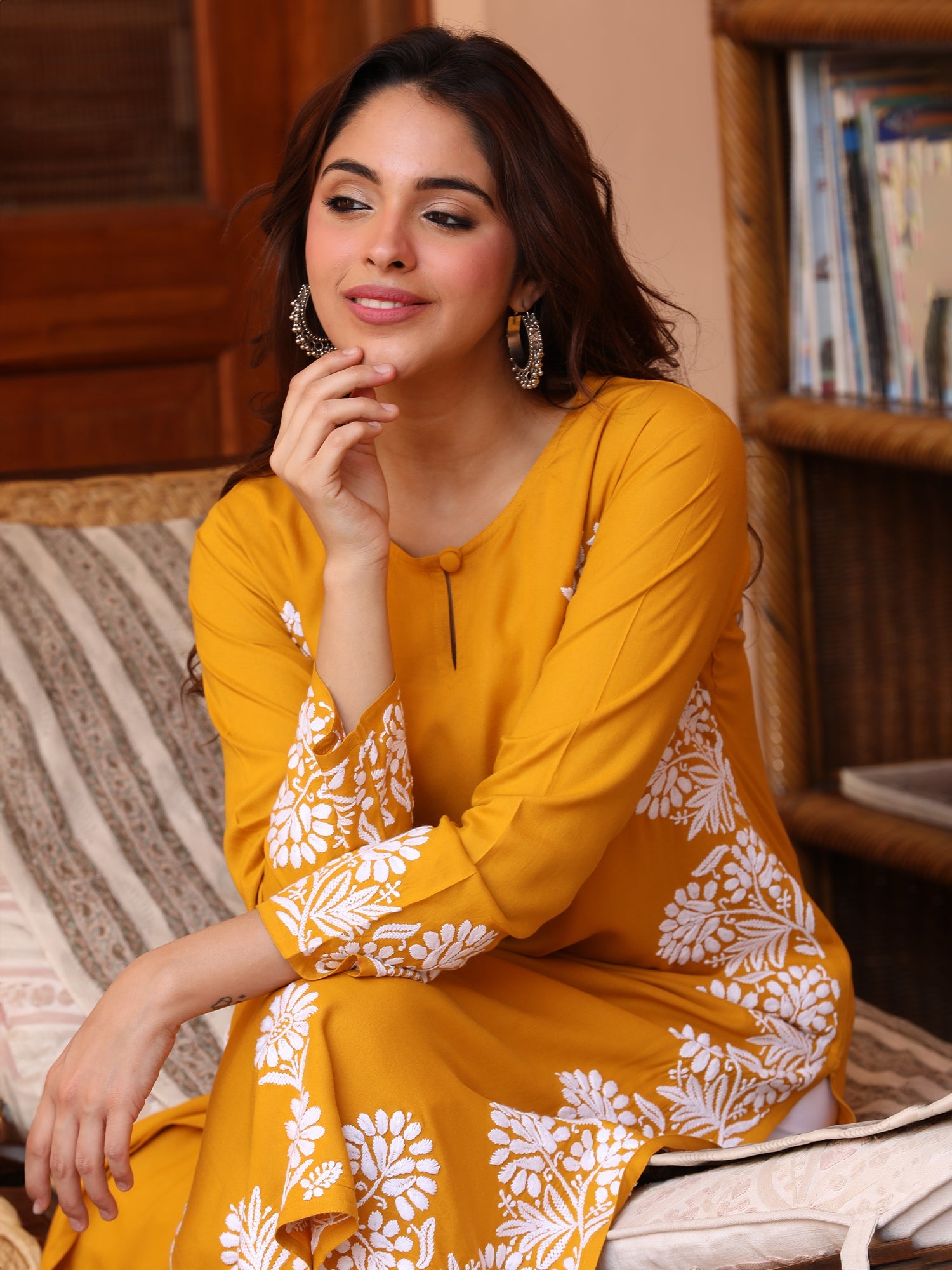 Saba Chikankari Long Kurta in Rayon cotton - Mustard