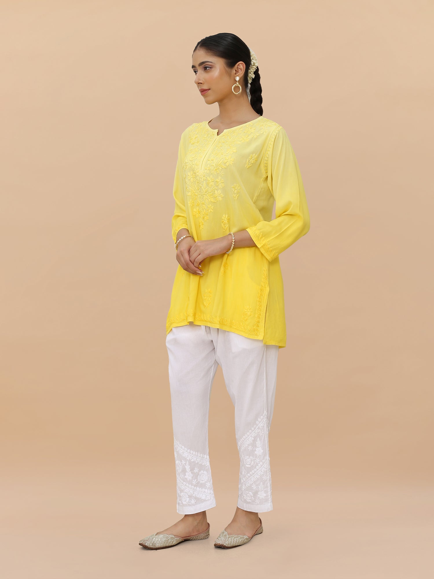 Saba Chikankari Short Kurta in Rayon cotton - Yellow