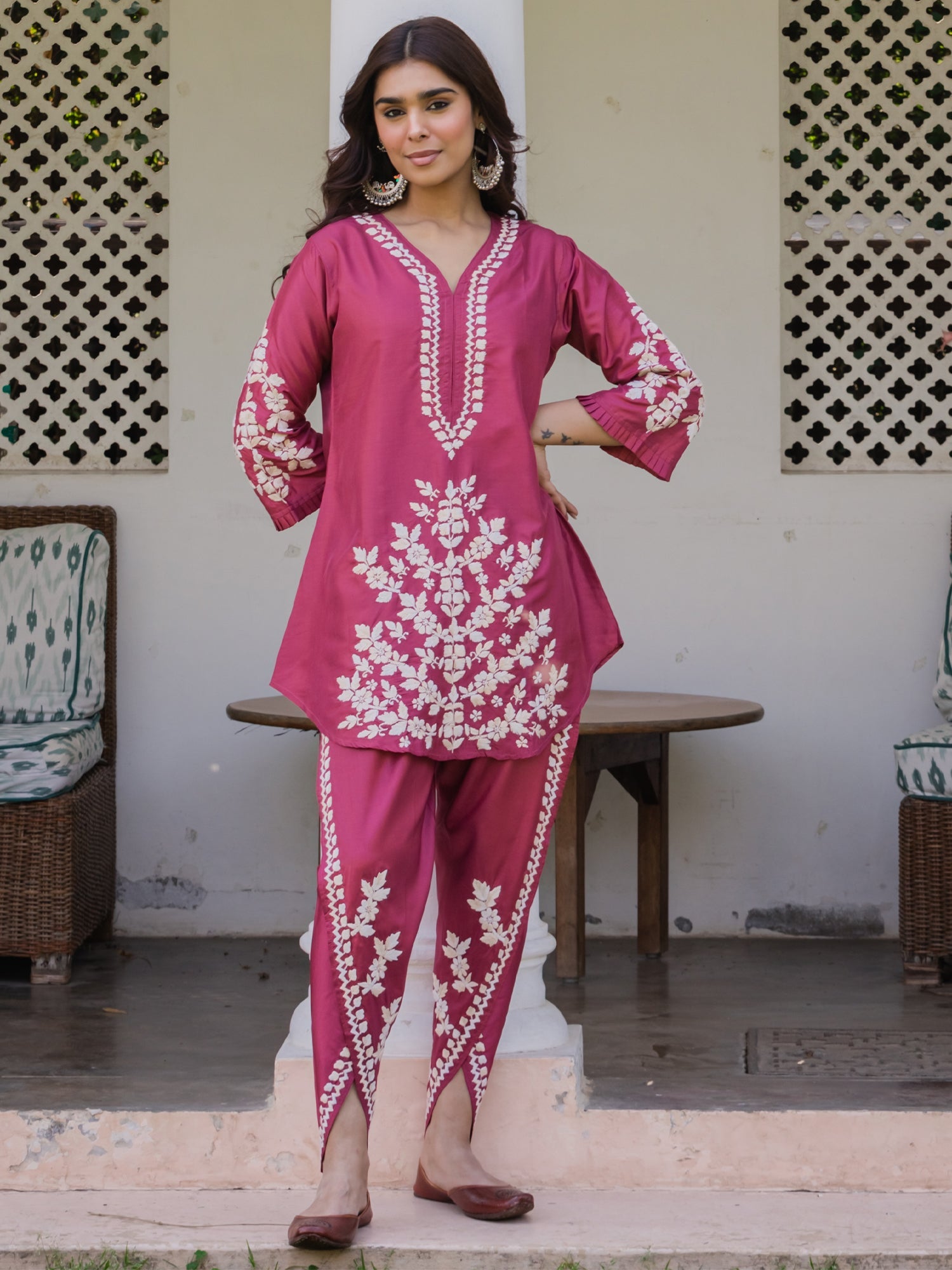 Saba Chikankari Kurta Set in Habutai Silk - Pink