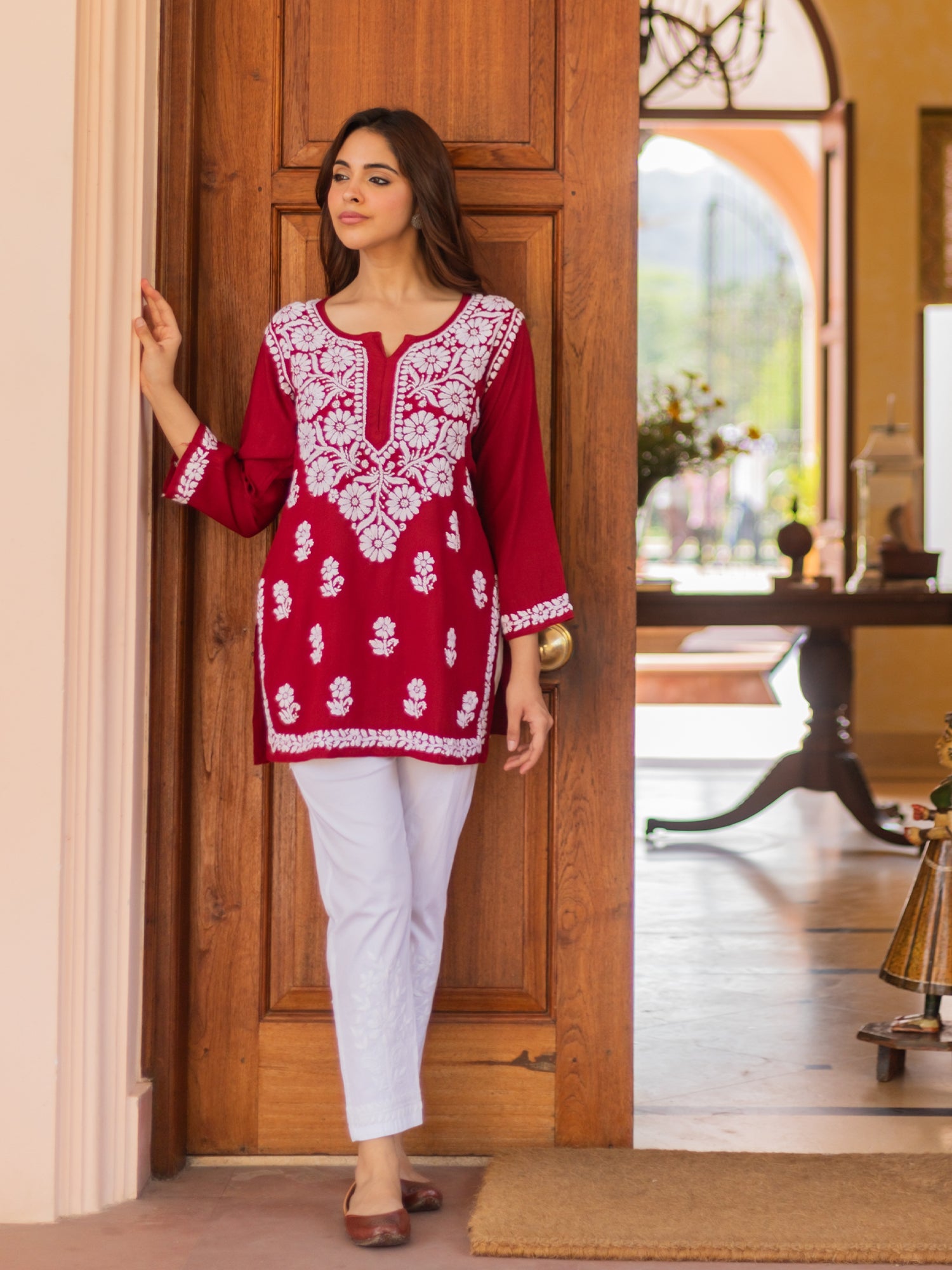 Saba Chikankari Short Kurta in Rayon cotton - Maroon