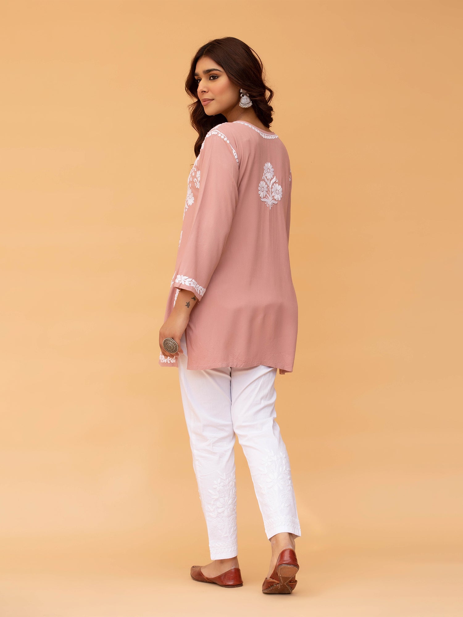 Saba Chikankari Short Kurta in Rayon cotton - Peach