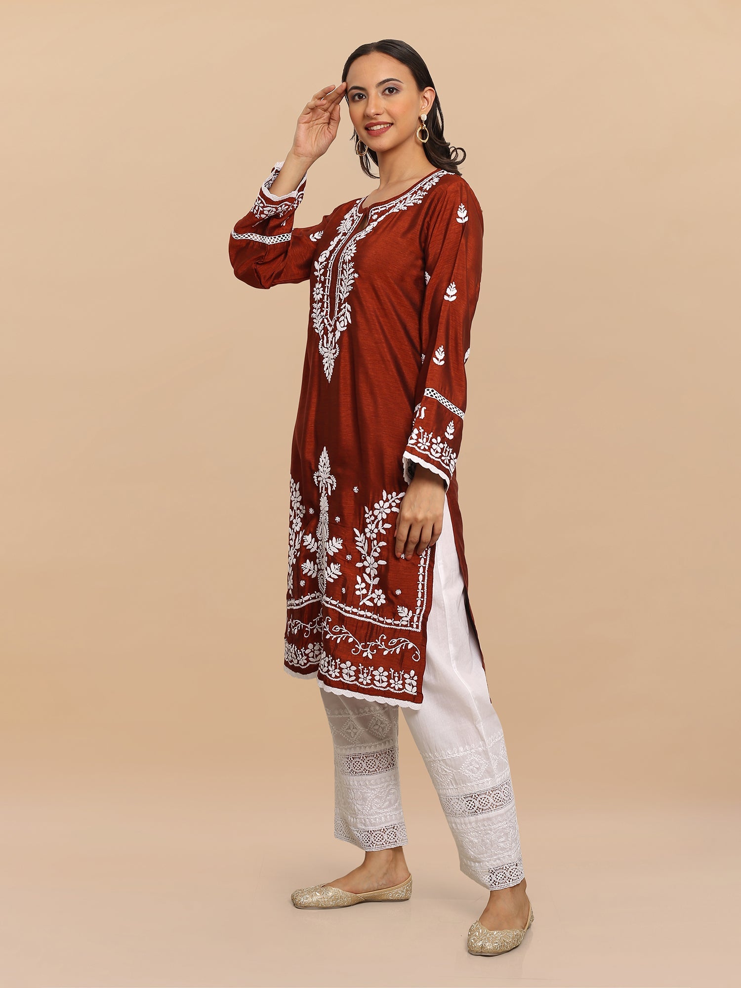 Saba Chikankari Long Kurta in Barfi Silk - Chutney
