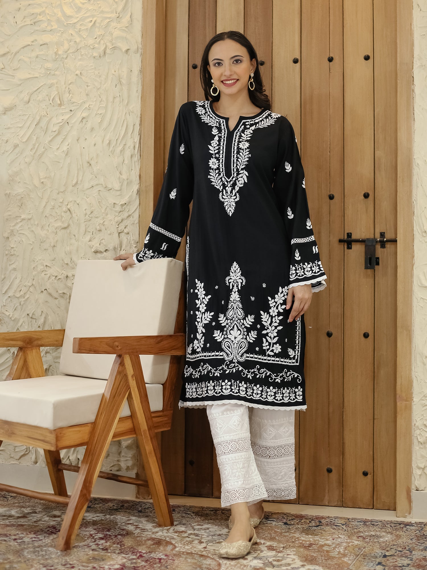 Saba Chikankari Long kurta in Modal Silk - Black