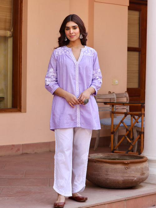 Saba Chikankari Short kurta in Slub Cotton - Lilac